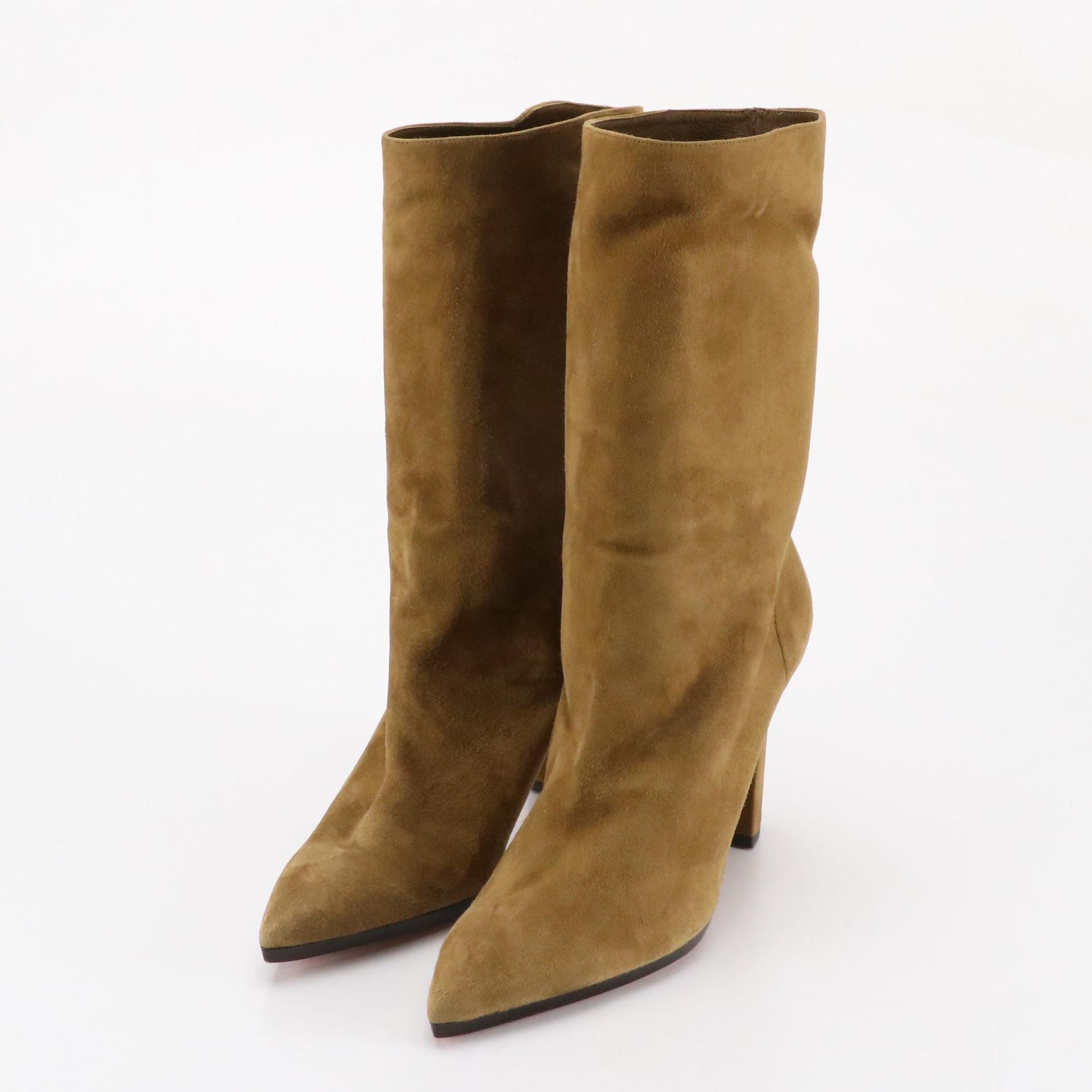 Aquazzura Pointed-Toe Mid Calf Boots in Olive Green Suede