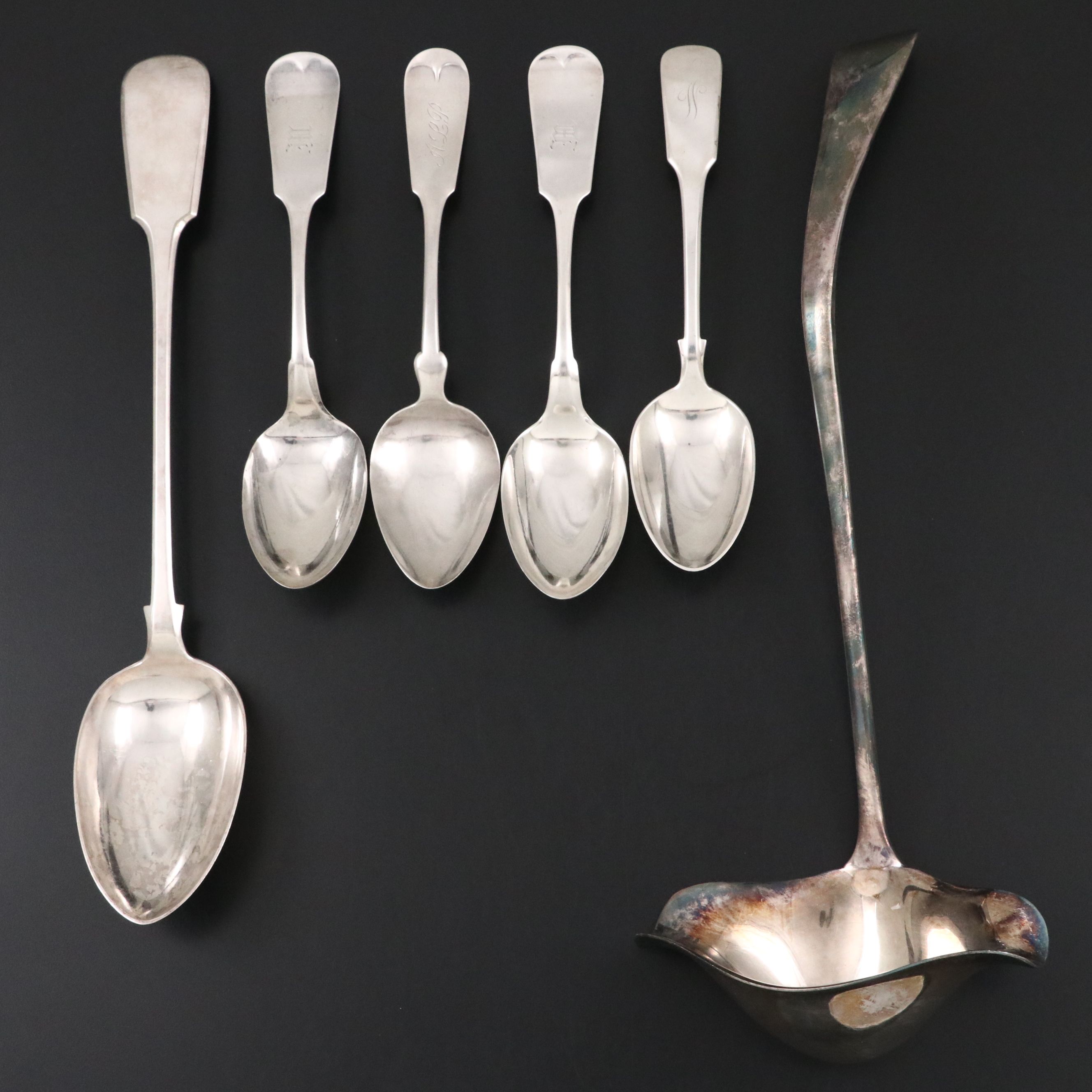 Towle with Other Sterling Fiddle Spoons and Silver Plate Serving Utensils