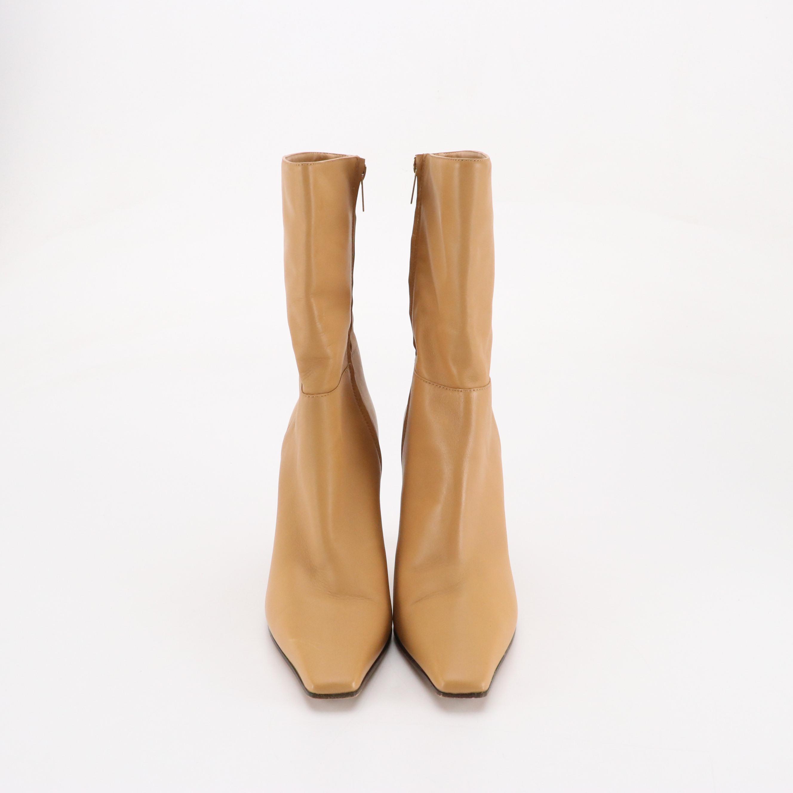 Jimmy Choo Square-Toe Mid Calf Boots in Smooth Beige Leather