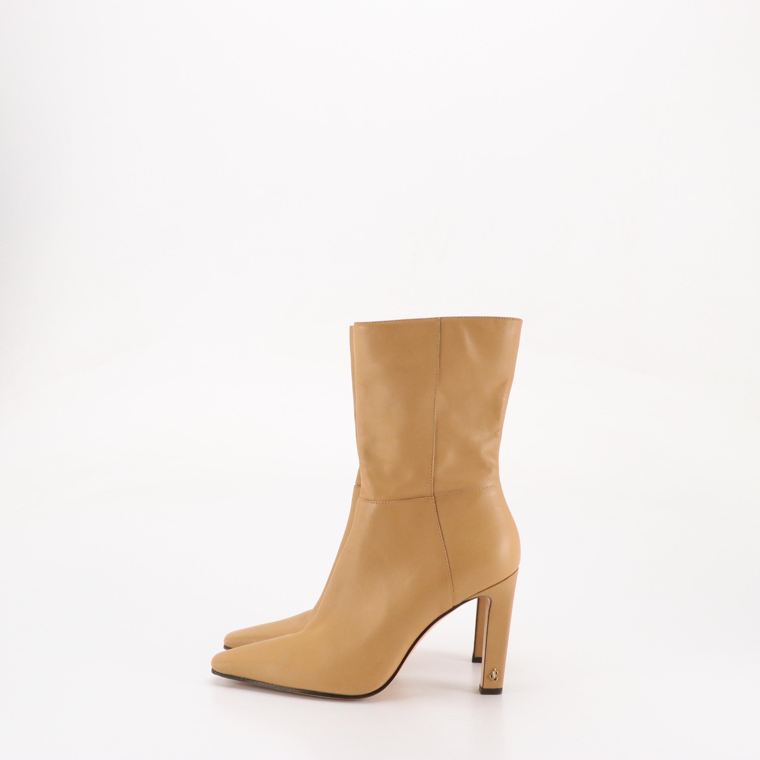 Jimmy Choo Square-Toe Mid Calf Boots in Smooth Beige Leather