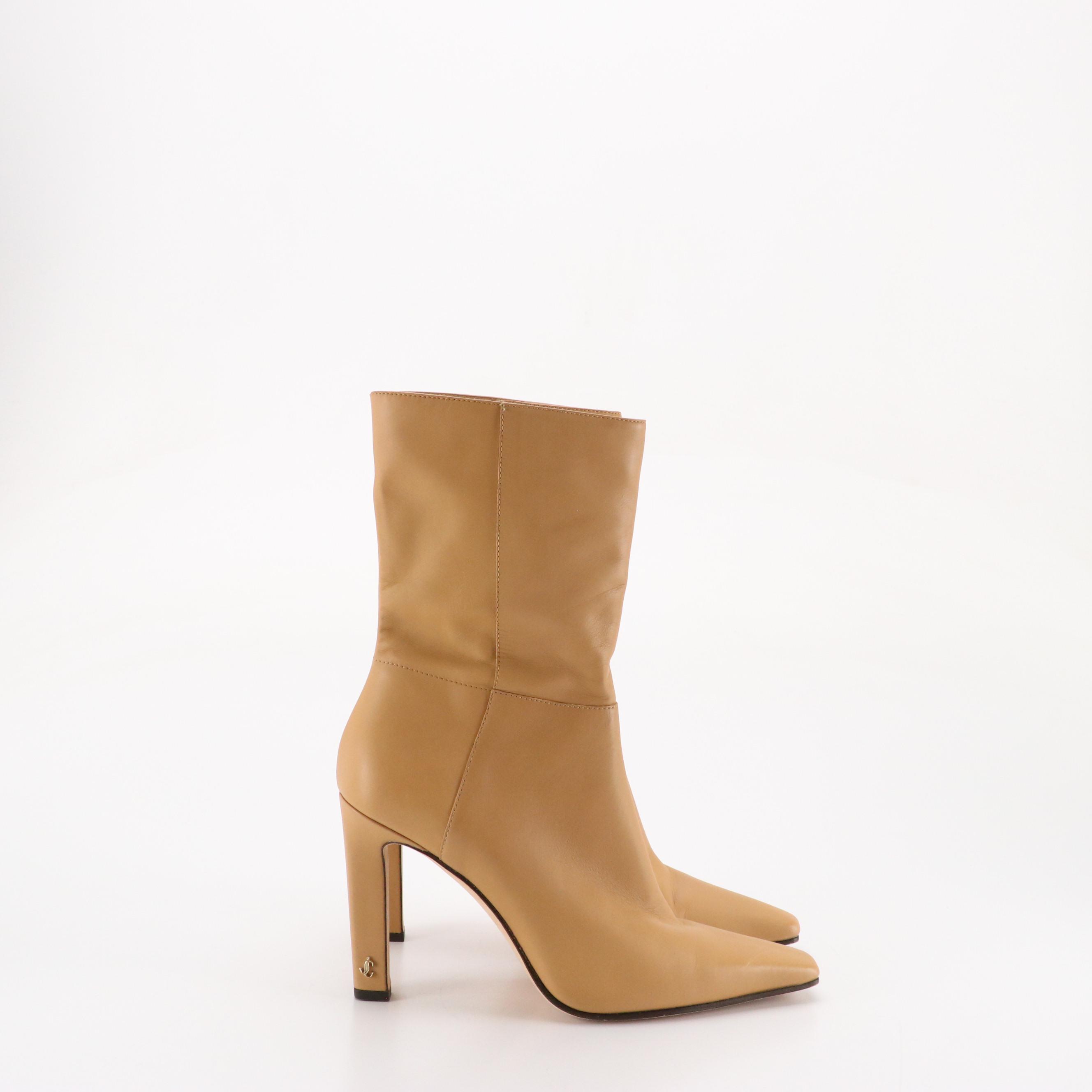 Jimmy Choo Square-Toe Mid Calf Boots in Smooth Beige Leather