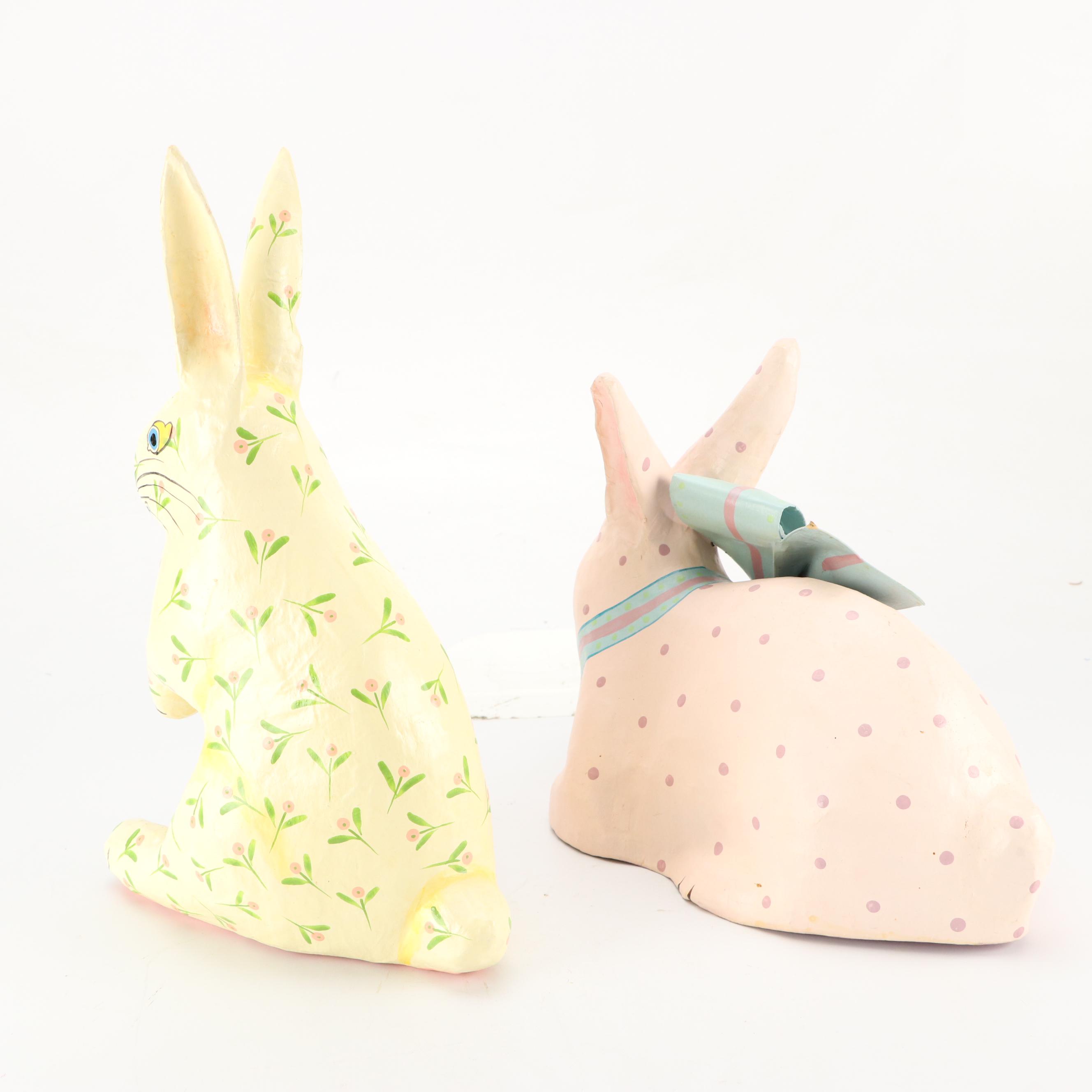 Hand Painted Papier-Mâché Easter Bunny Figurines with Egg Nest Baskets