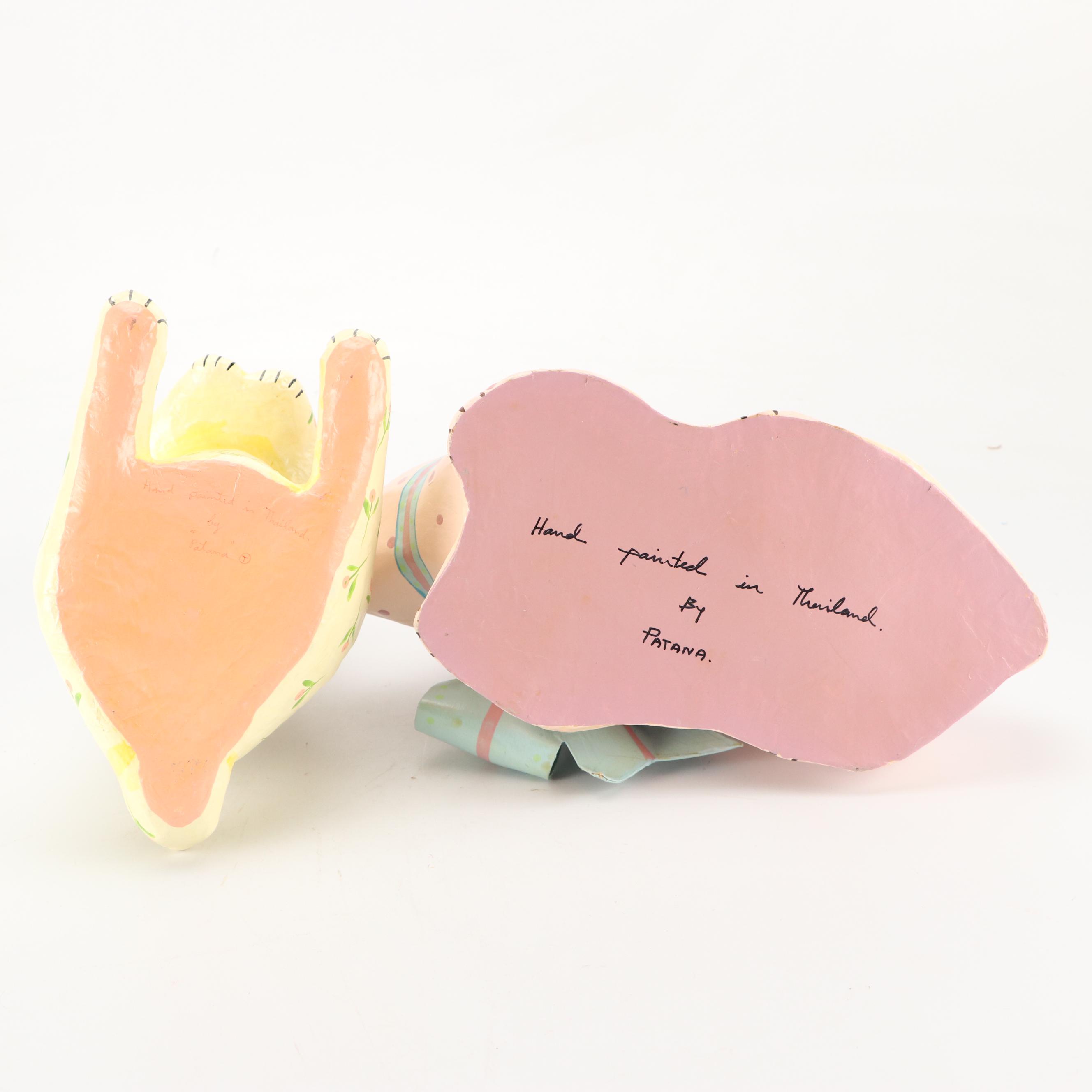 Hand Painted Papier-Mâché Easter Bunny Figurines with Egg Nest Baskets