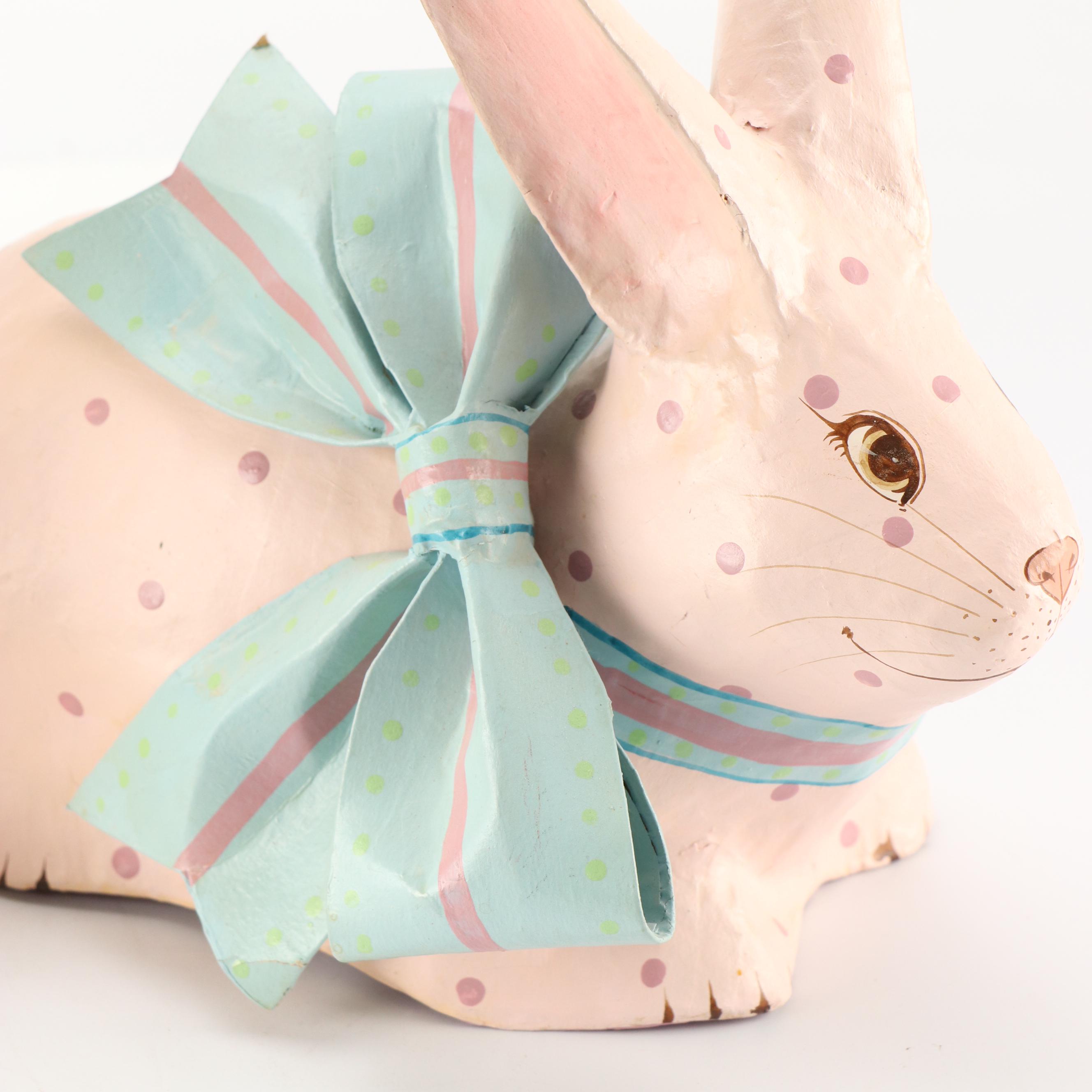 Hand Painted Papier-Mâché Easter Bunny Figurines with Egg Nest Baskets