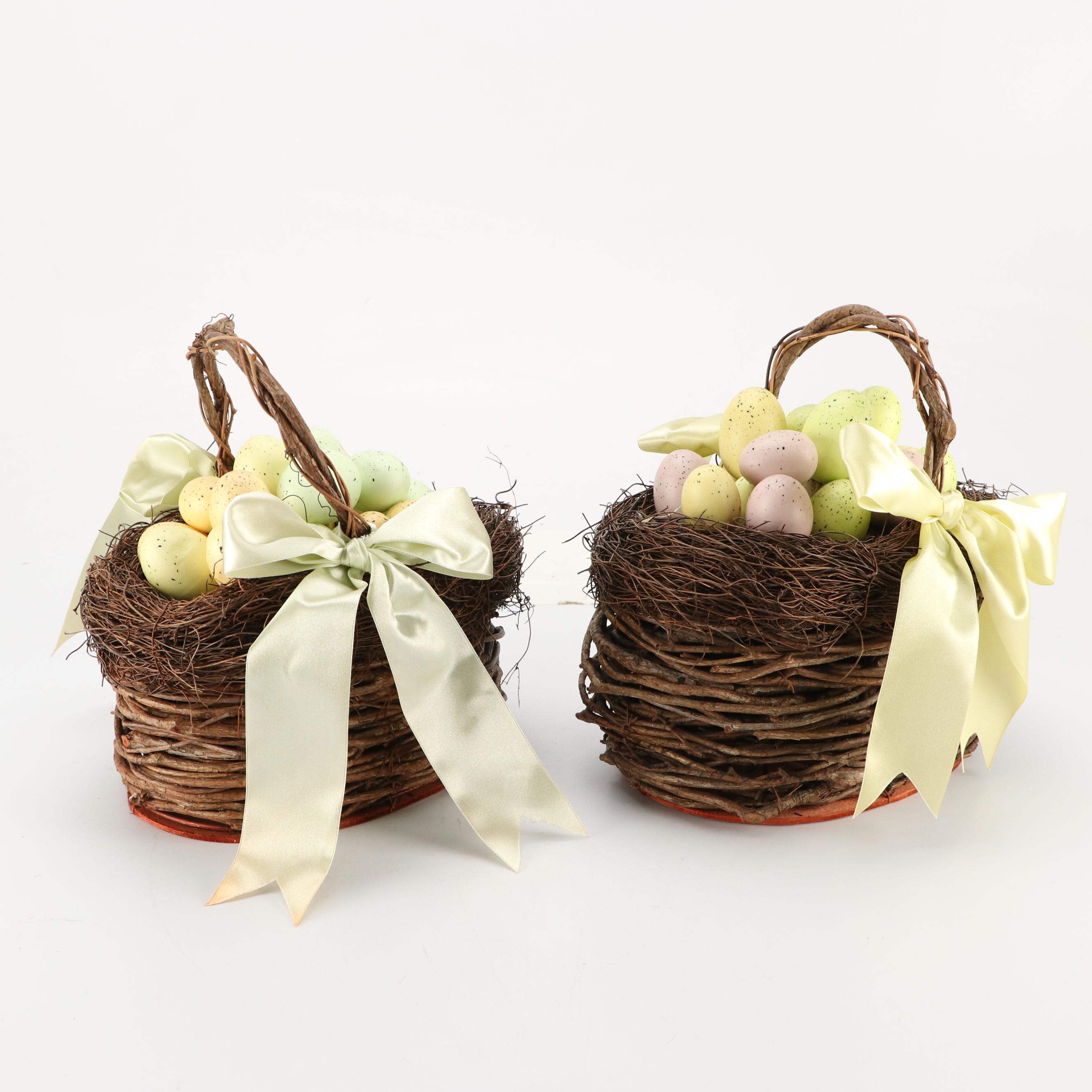 Hand Painted Papier-Mâché Easter Bunny Figurines with Egg Nest Baskets