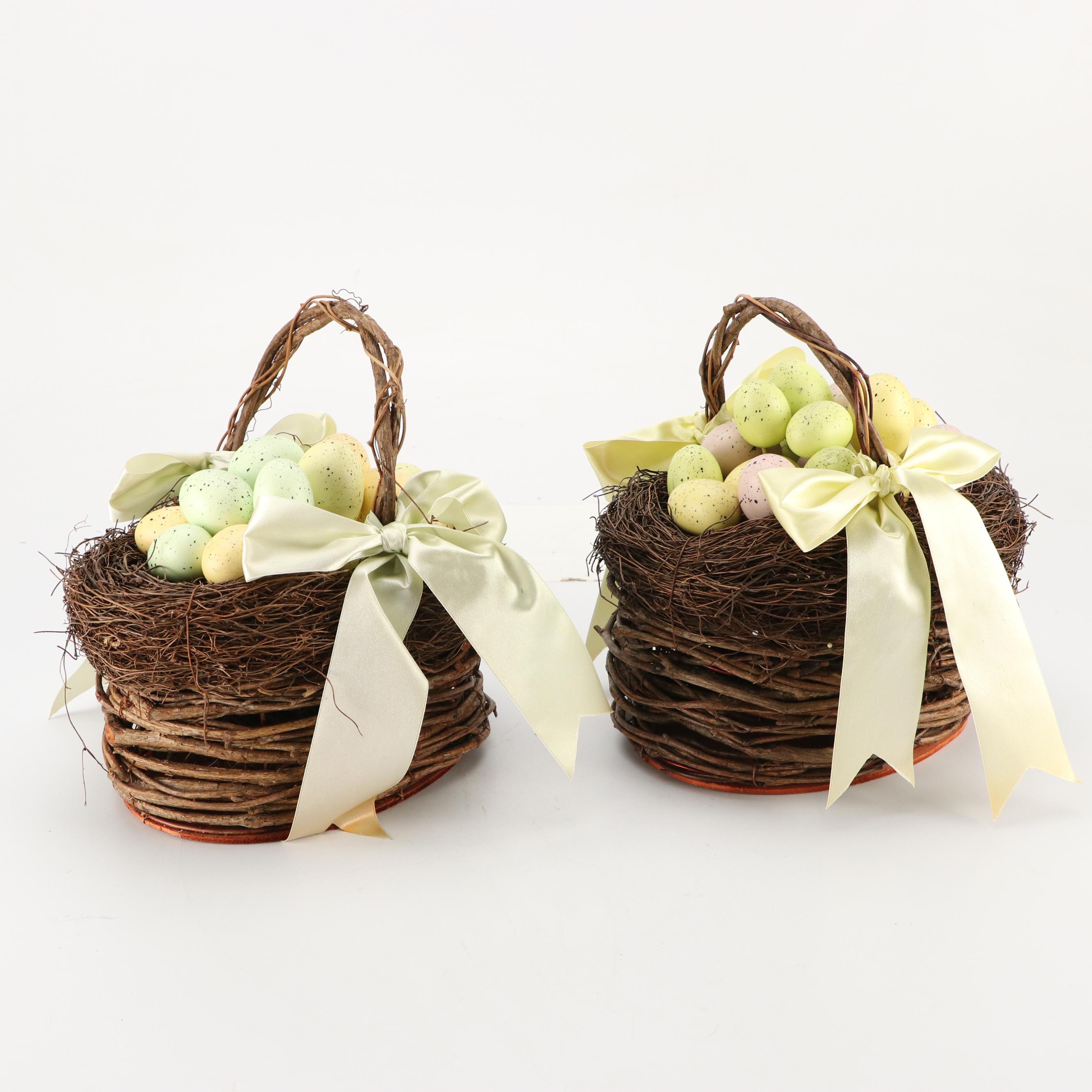 Hand Painted Papier-Mâché Easter Bunny Figurines with Egg Nest Baskets
