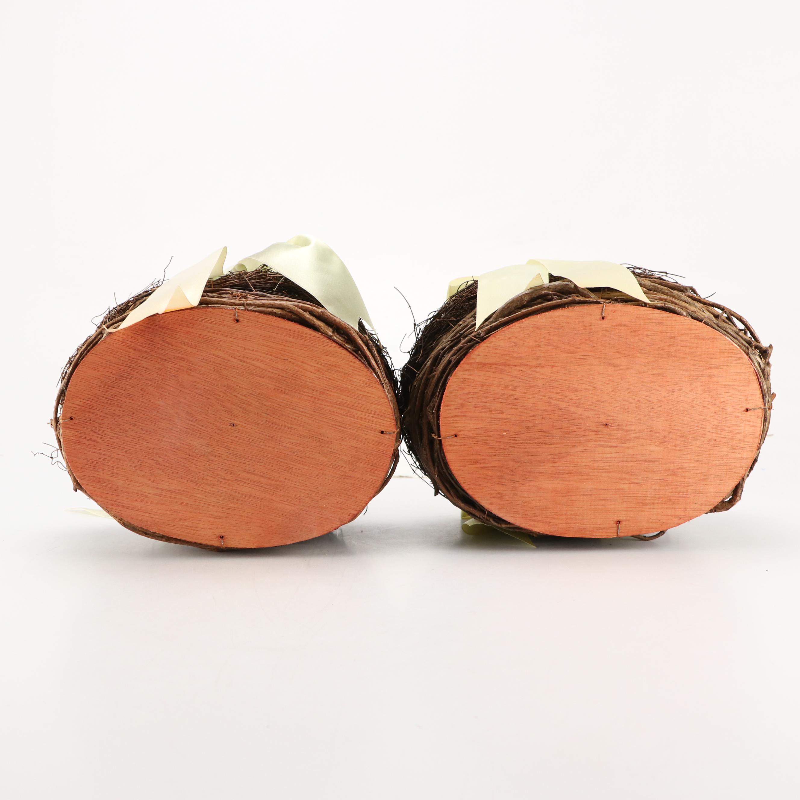 Hand Painted Papier-Mâché Easter Bunny Figurines with Egg Nest Baskets