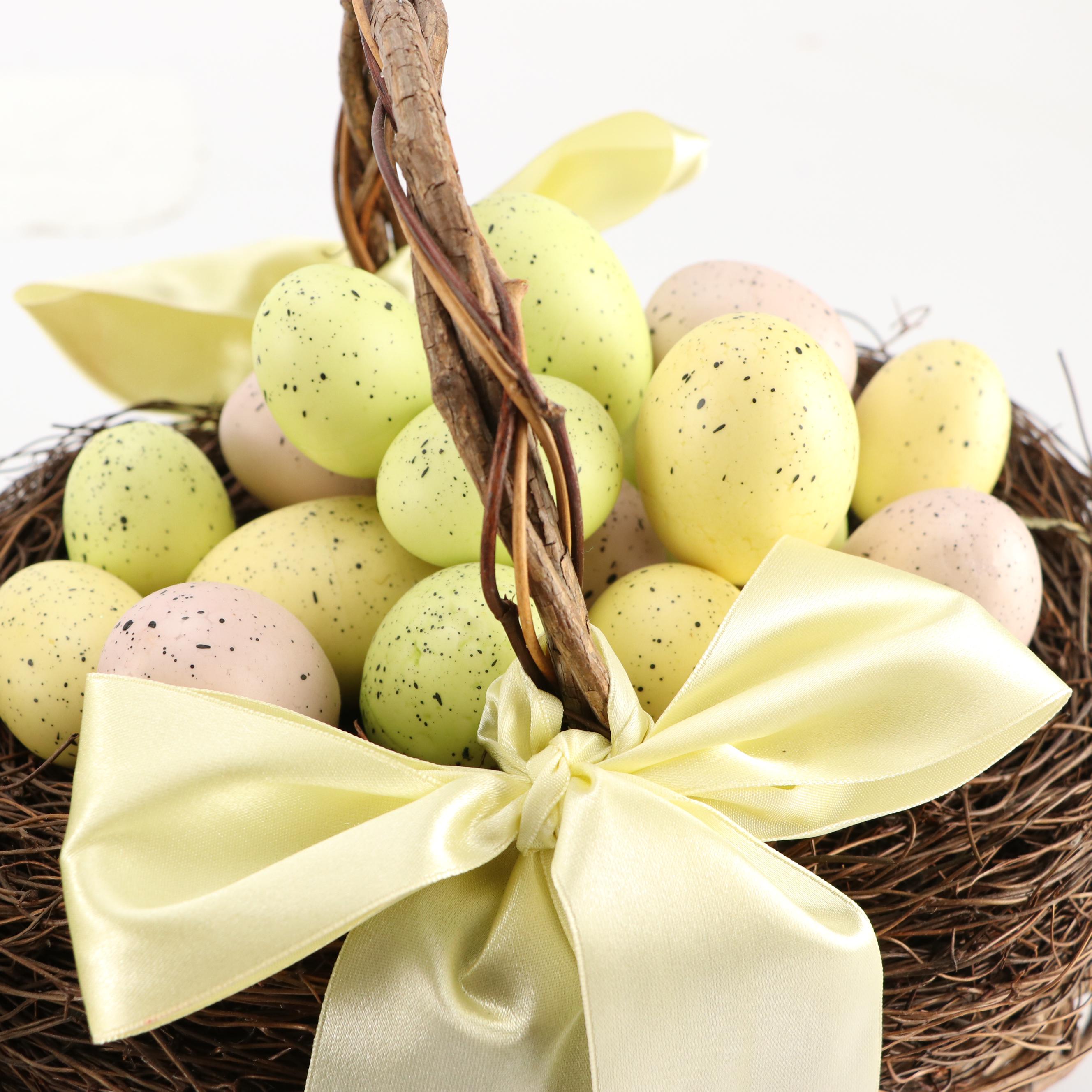 Hand Painted Papier-Mâché Easter Bunny Figurines with Egg Nest Baskets