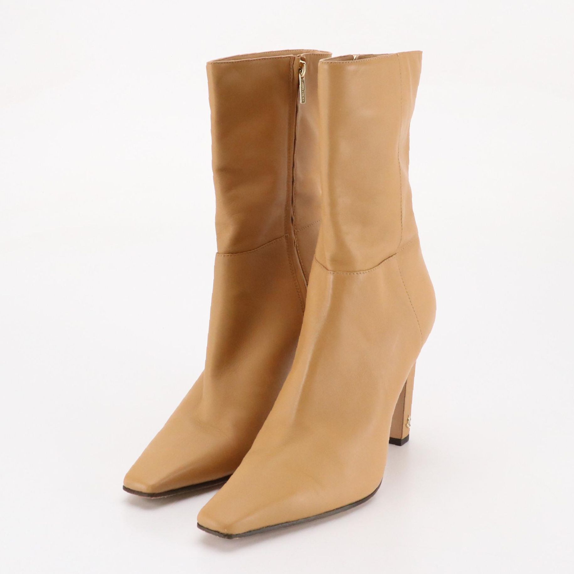 Jimmy Choo Square-Toe Mid Calf Boots in Smooth Beige Leather