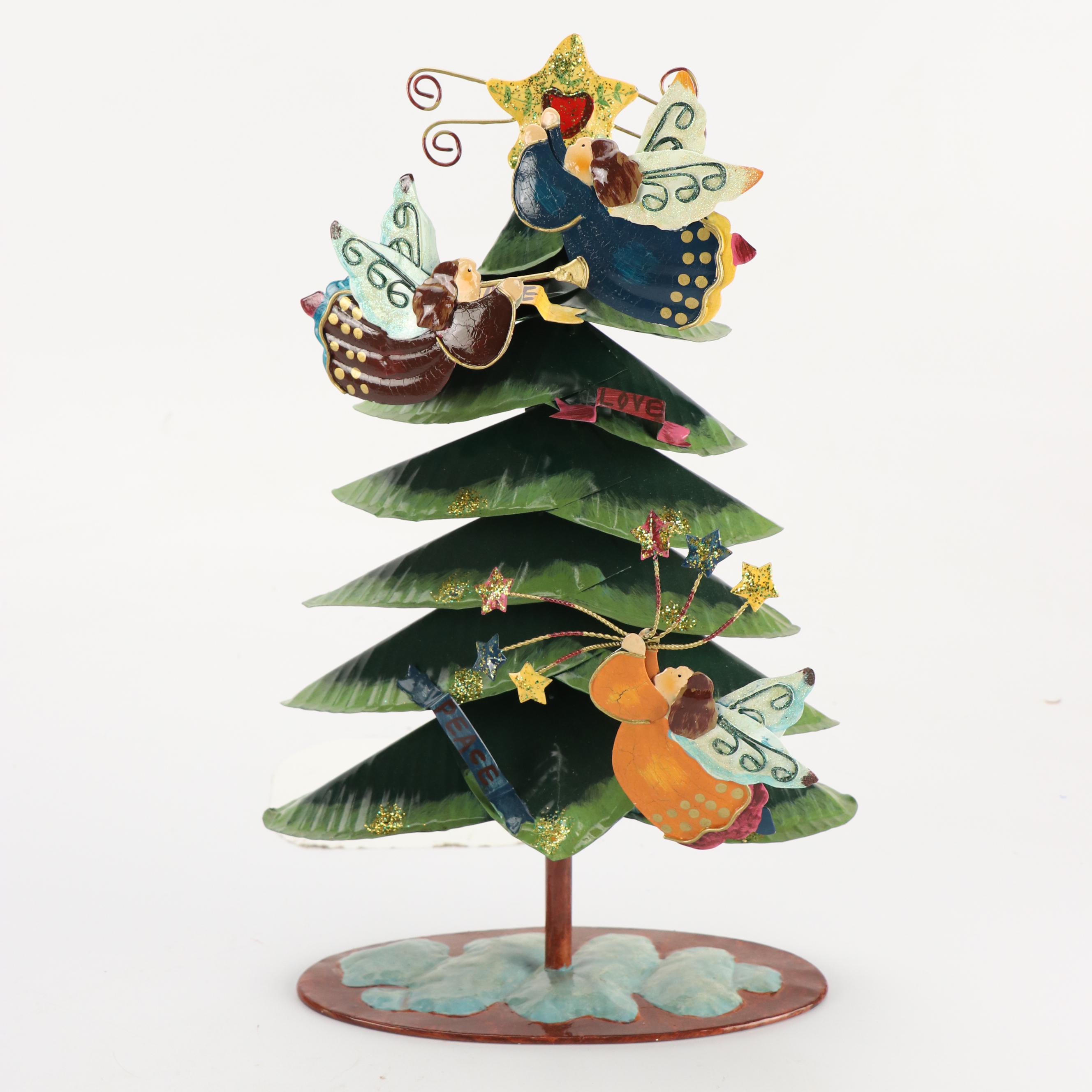 Folk Art Style Metal Christmas Tree with Jubilant Angels and Red Wooden Sleigh