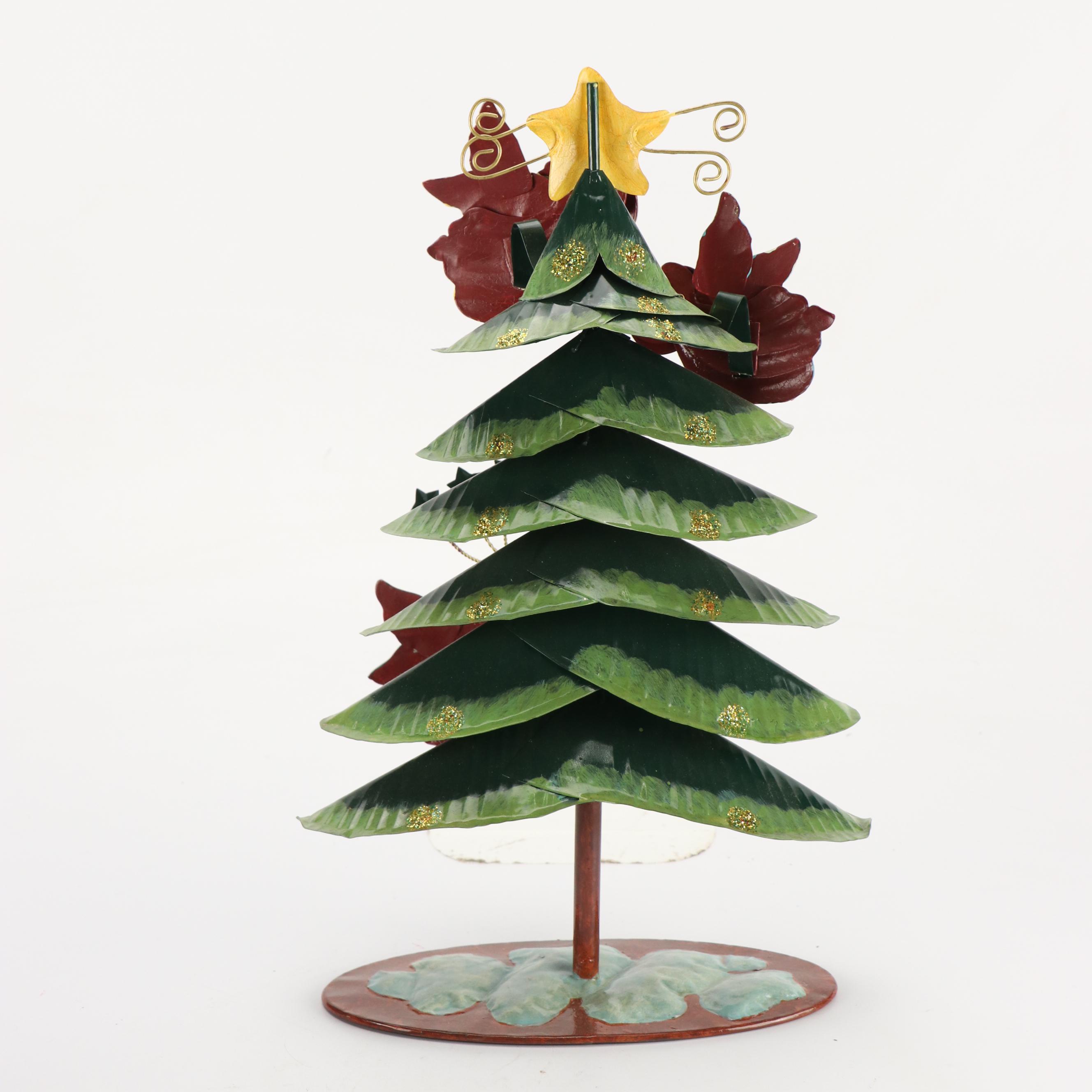 Folk Art Style Metal Christmas Tree with Jubilant Angels and Red Wooden Sleigh