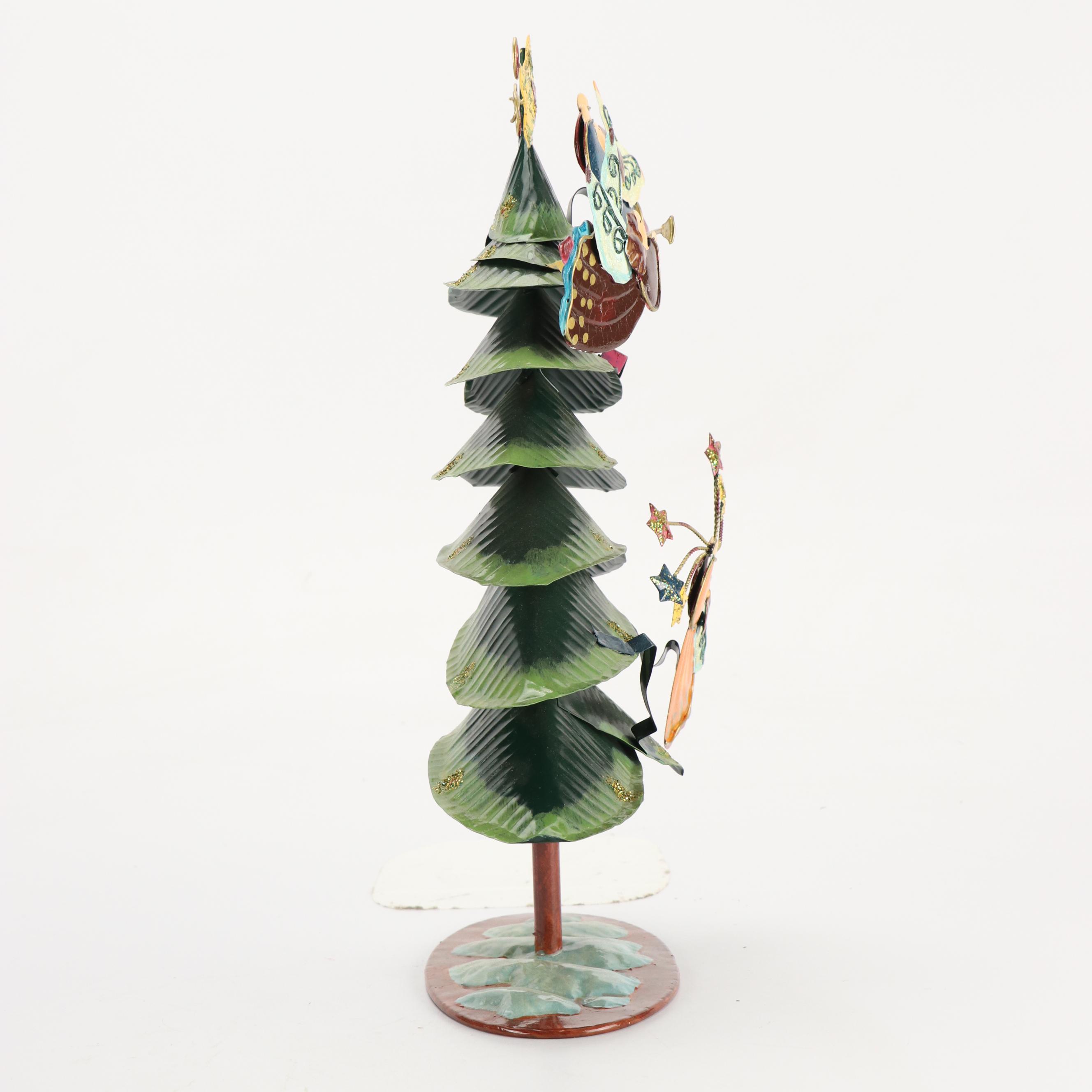 Folk Art Style Metal Christmas Tree with Jubilant Angels and Red Wooden Sleigh