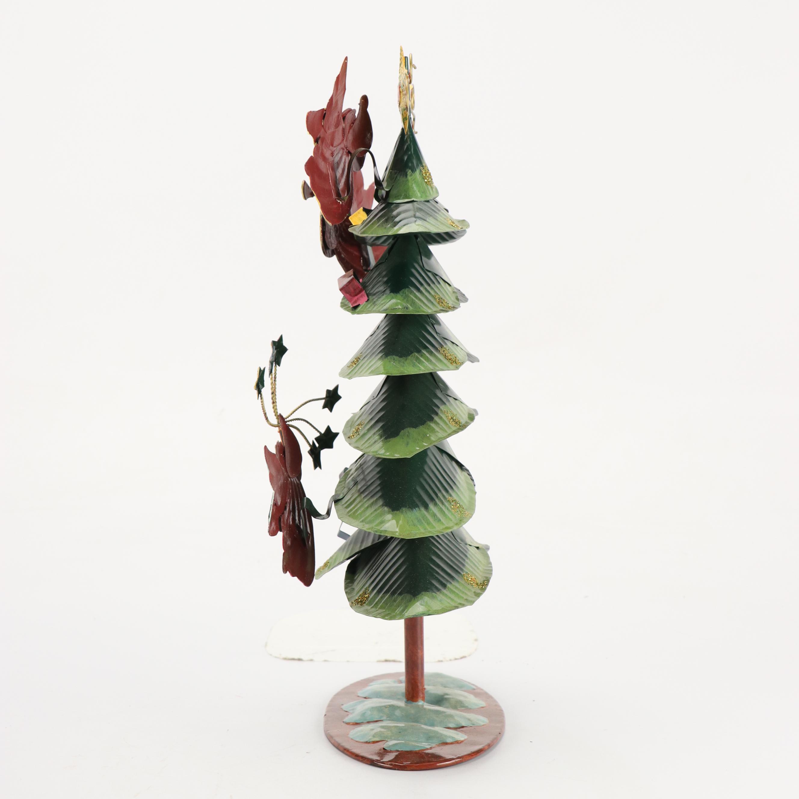 Folk Art Style Metal Christmas Tree with Jubilant Angels and Red Wooden Sleigh