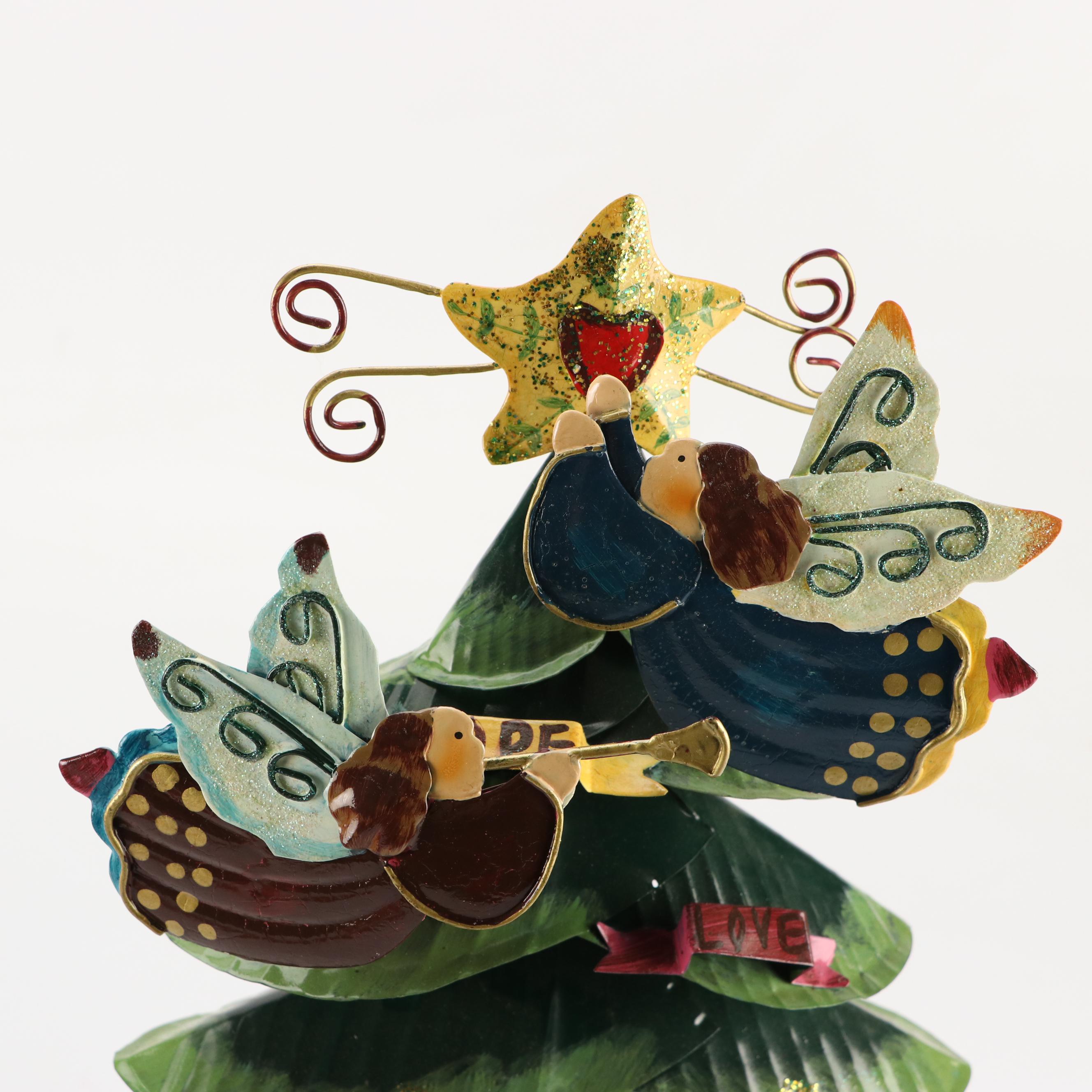 Folk Art Style Metal Christmas Tree with Jubilant Angels and Red Wooden Sleigh