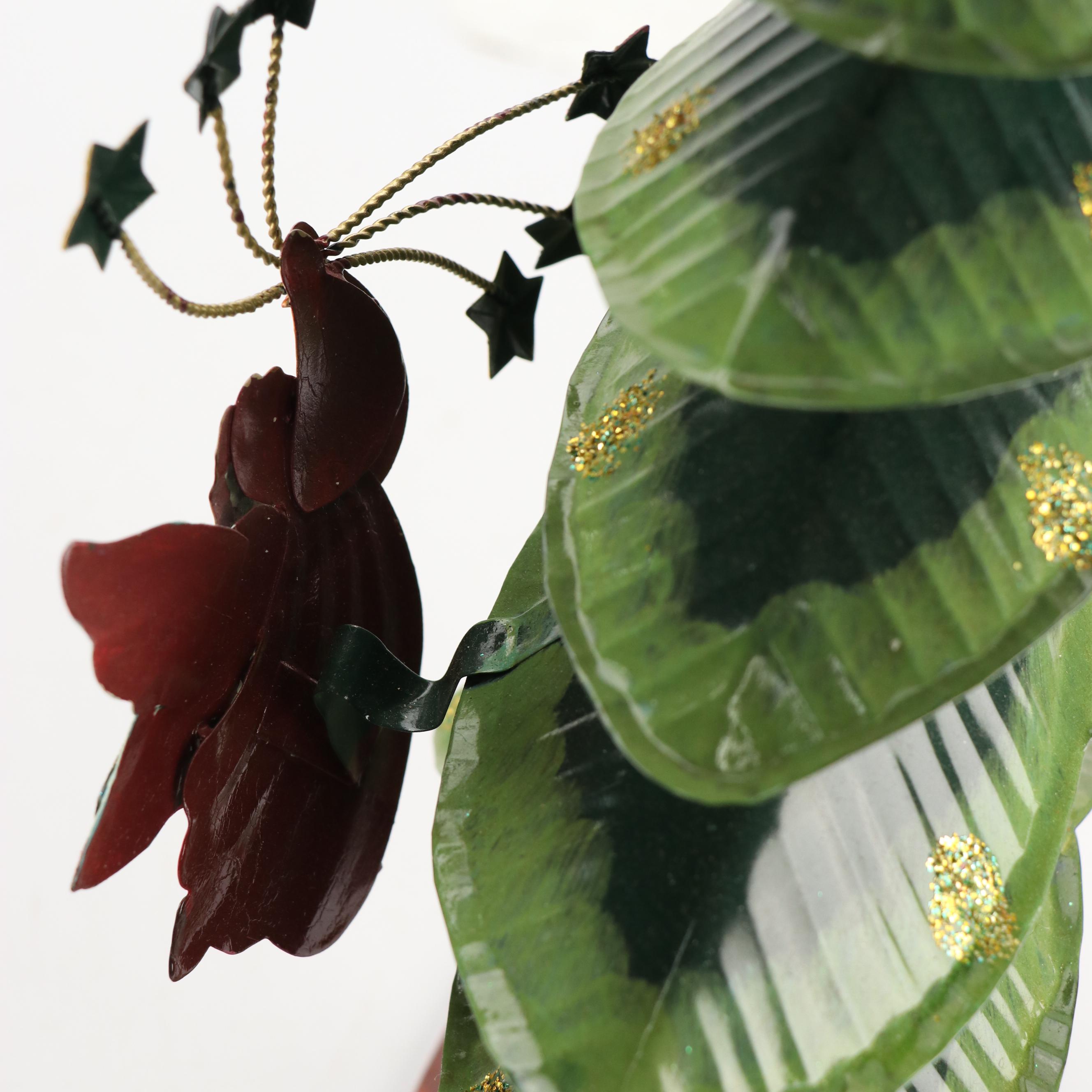 Folk Art Style Metal Christmas Tree with Jubilant Angels and Red Wooden Sleigh