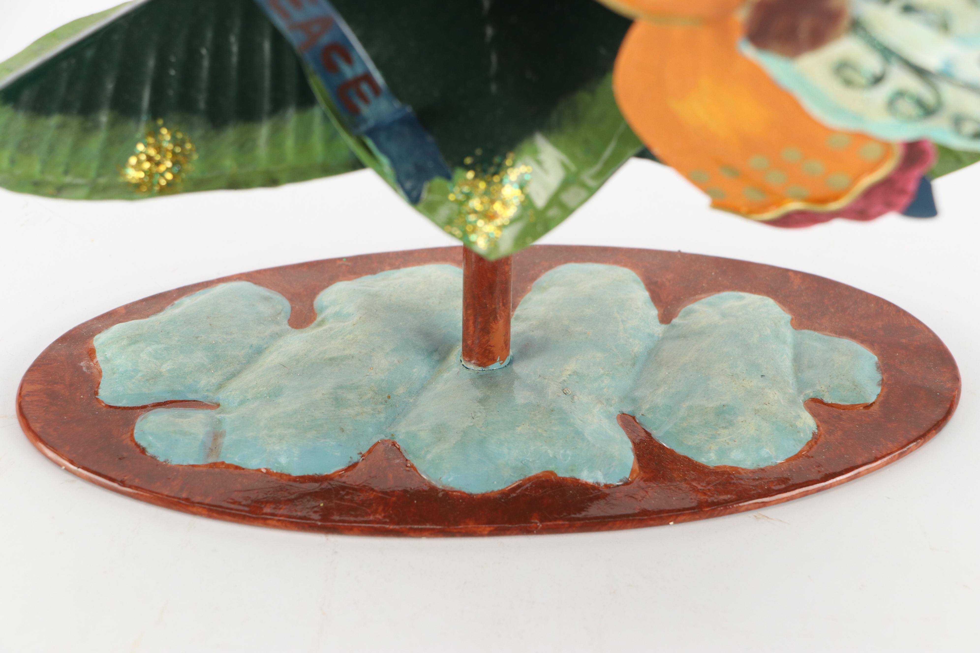 Folk Art Style Metal Christmas Tree with Jubilant Angels and Red Wooden Sleigh