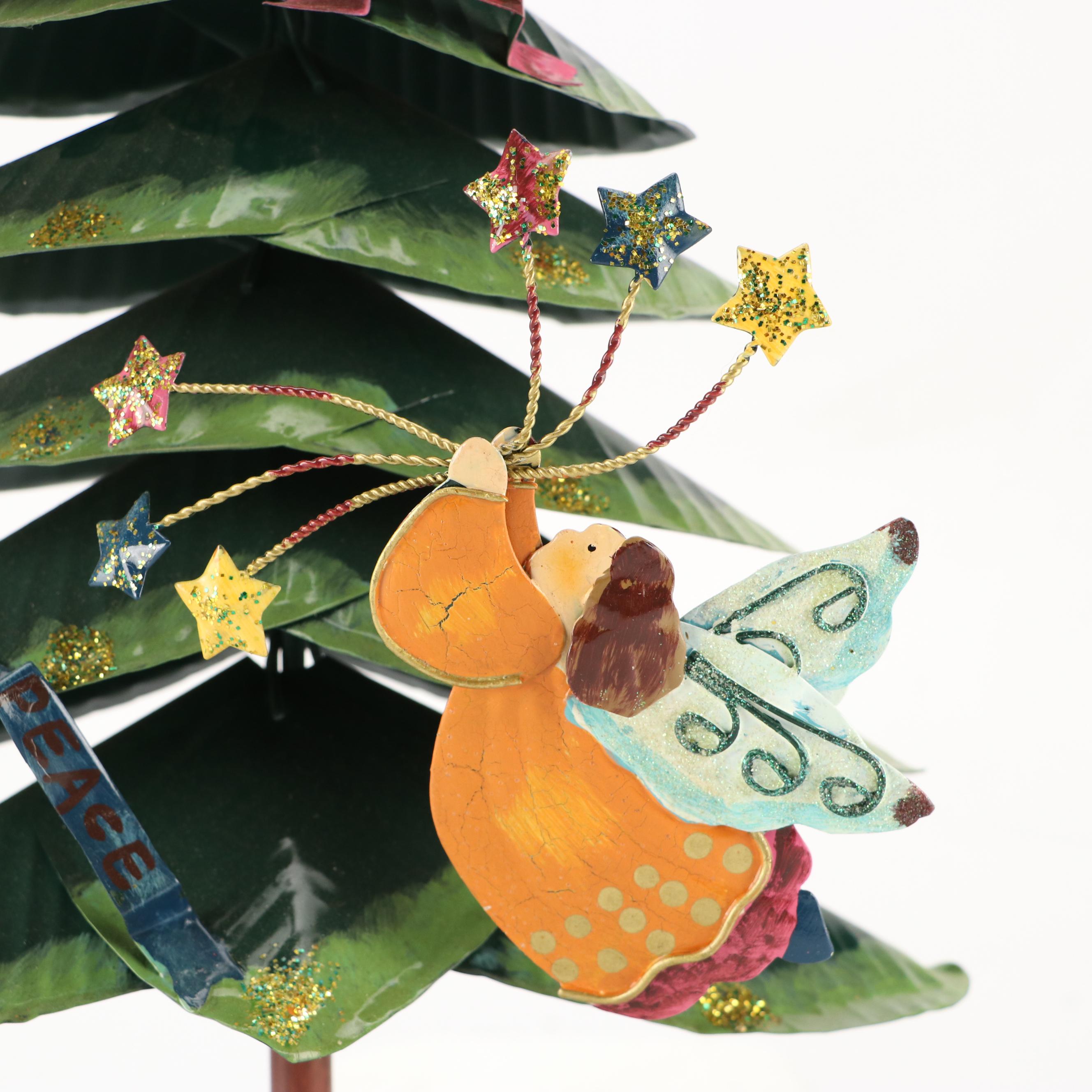 Folk Art Style Metal Christmas Tree with Jubilant Angels and Red Wooden Sleigh