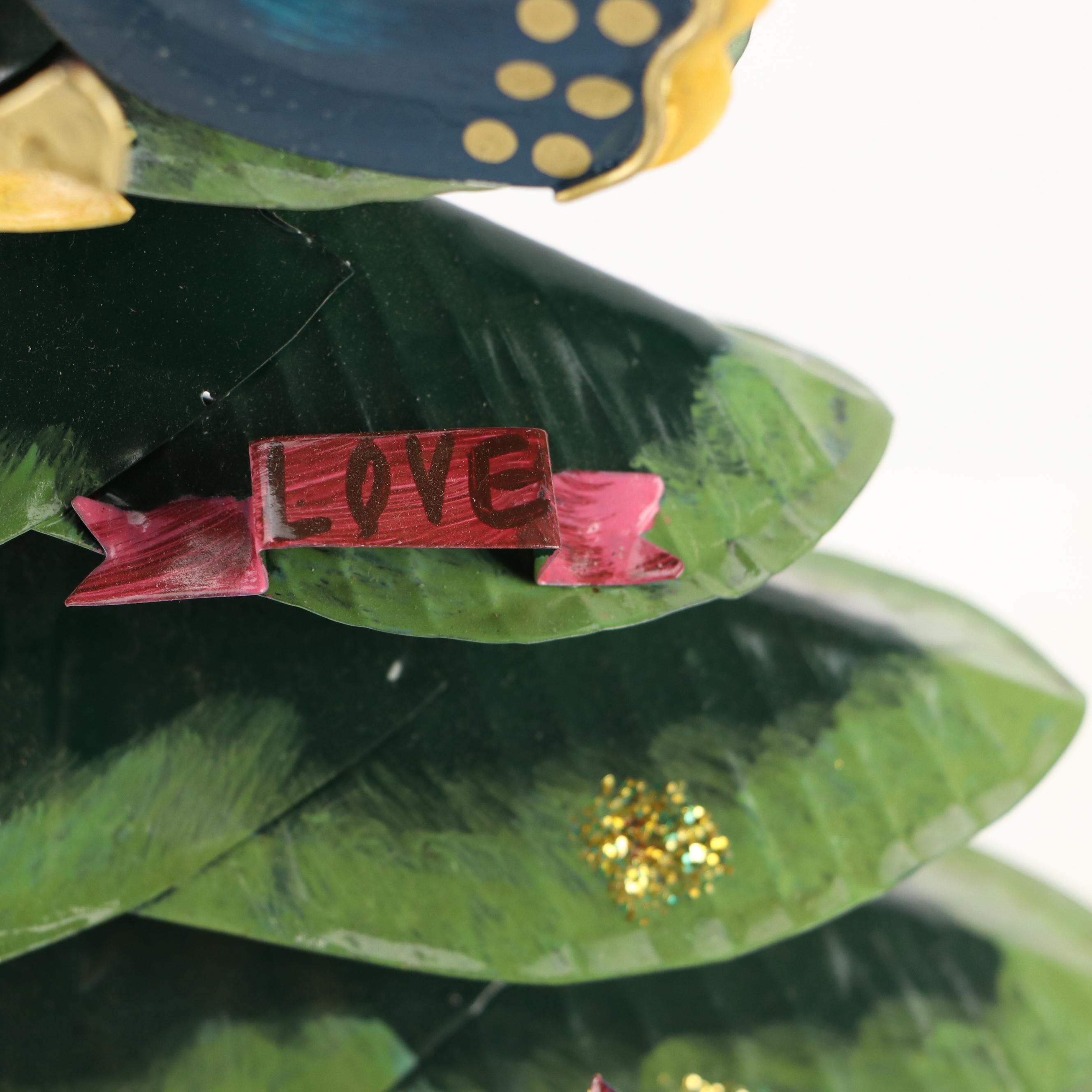 Folk Art Style Metal Christmas Tree with Jubilant Angels and Red Wooden Sleigh