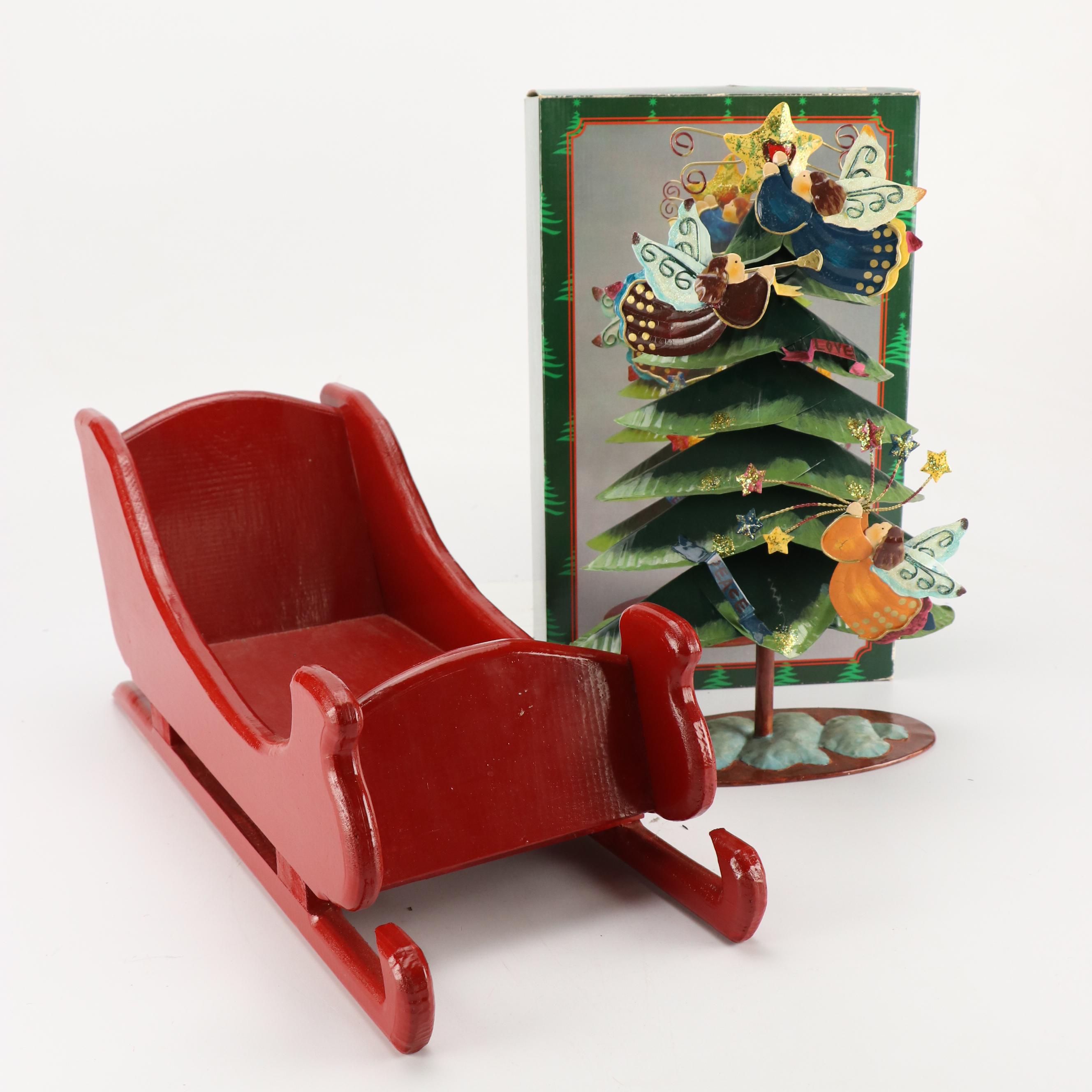Folk Art Style Metal Christmas Tree with Jubilant Angels and Red Wooden Sleigh
