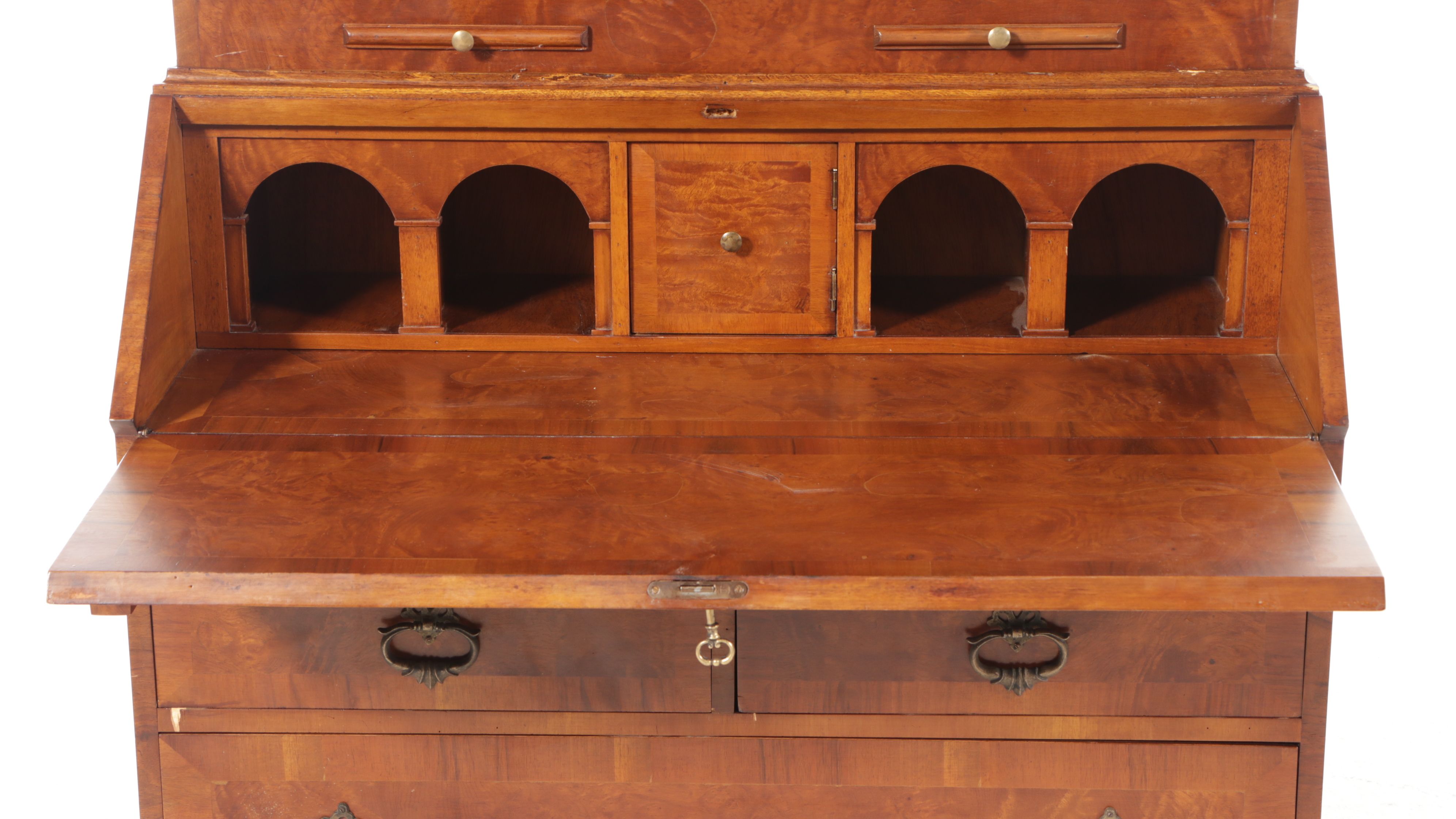 George III Style Mahogany Double-Bonnet Drop Front Desk with Hutch, 20th Century