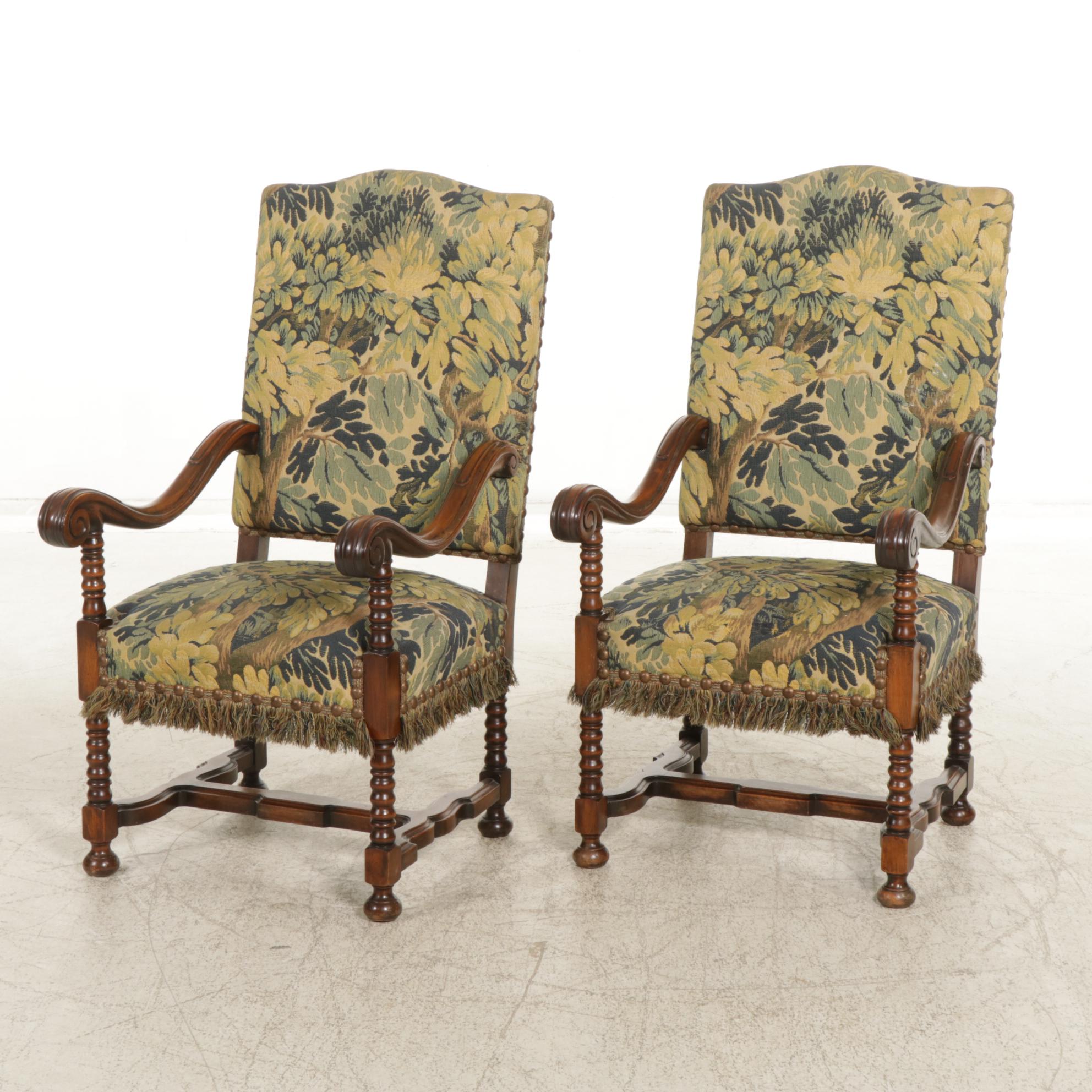 Pair of French Renaissance Revival Carved Walnut Armchairs