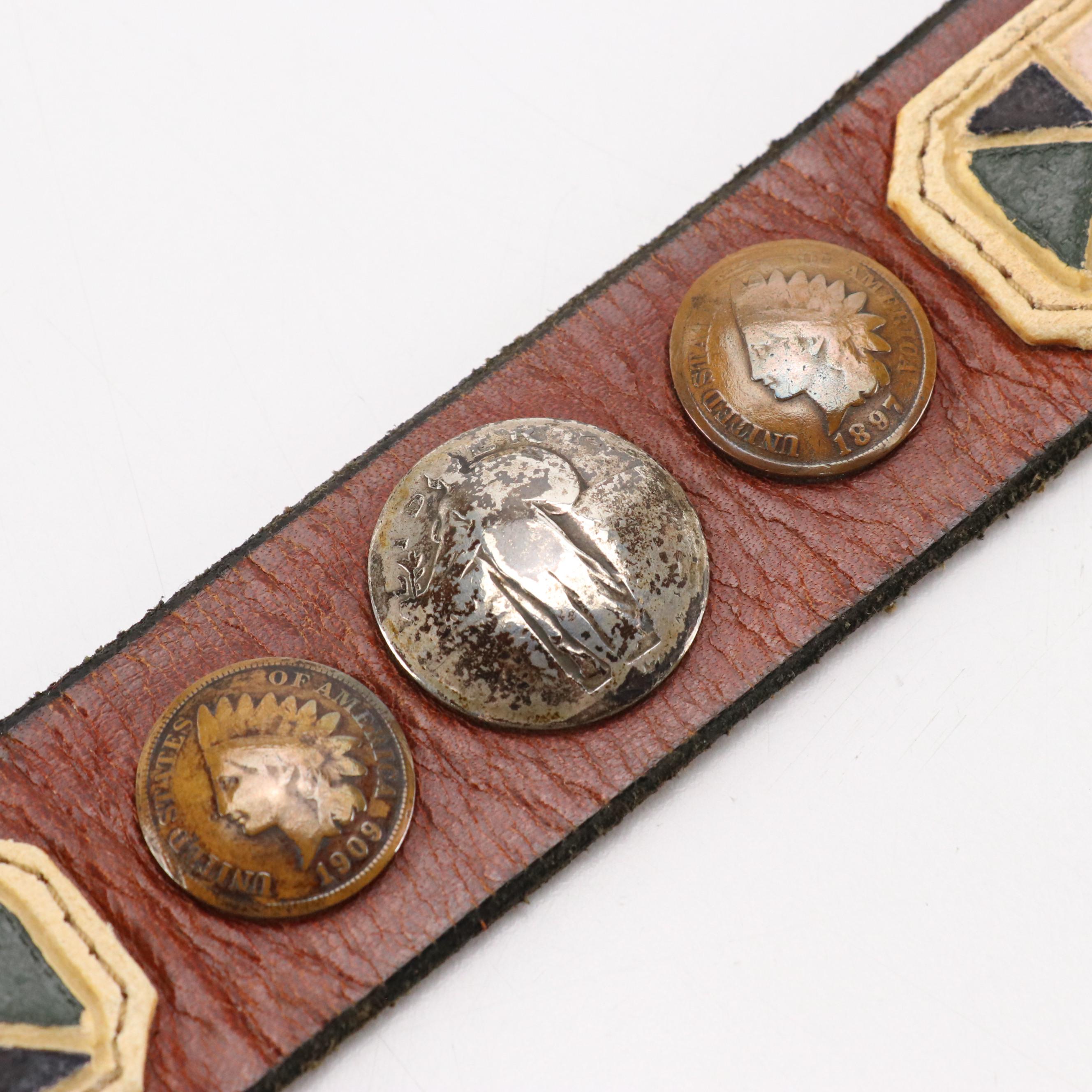 Southwestern Indian Head Cent/Standing Liberty Quarter Tooled Leather Belt