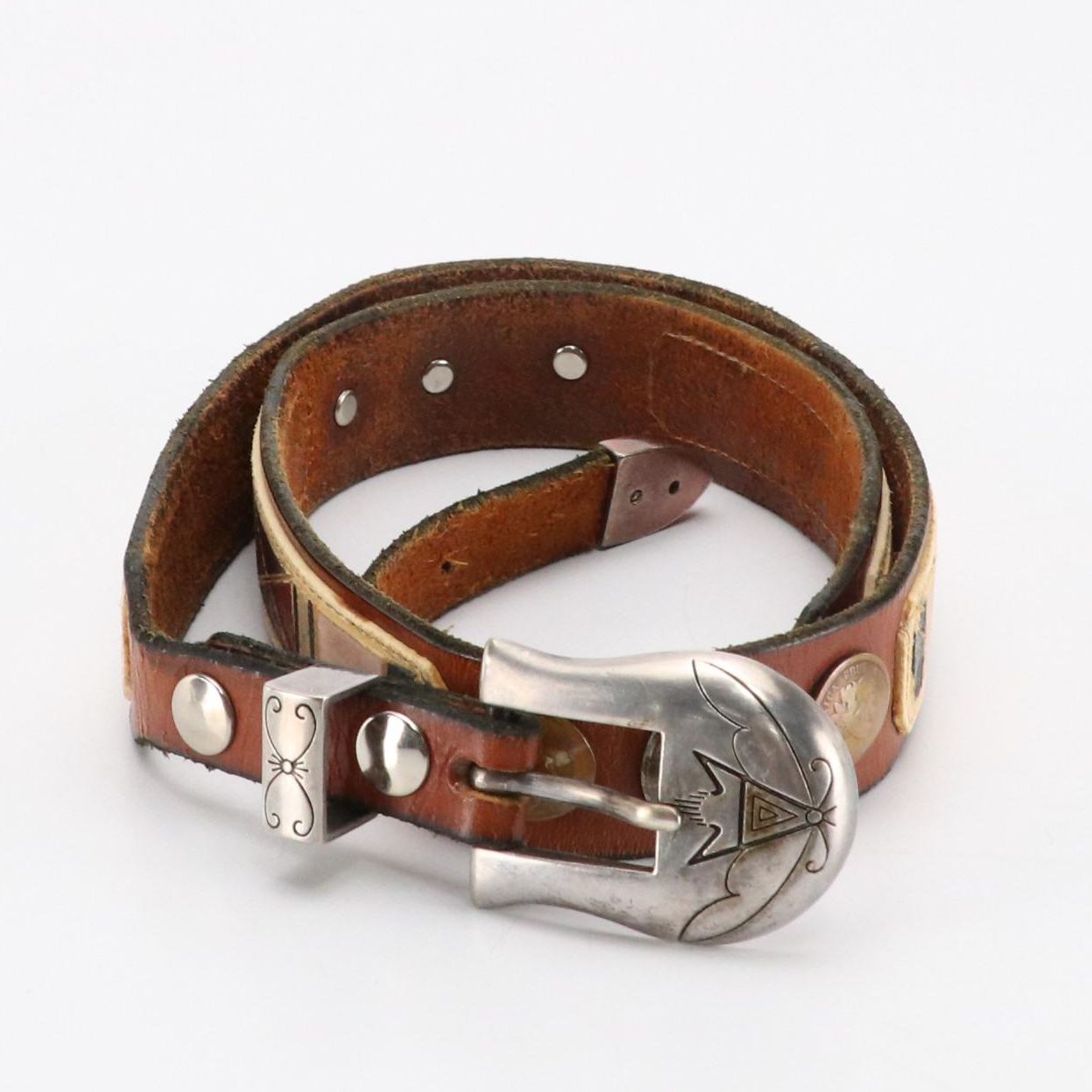 Southwestern Indian Head Cent/Standing Liberty Quarter Tooled Leather Belt