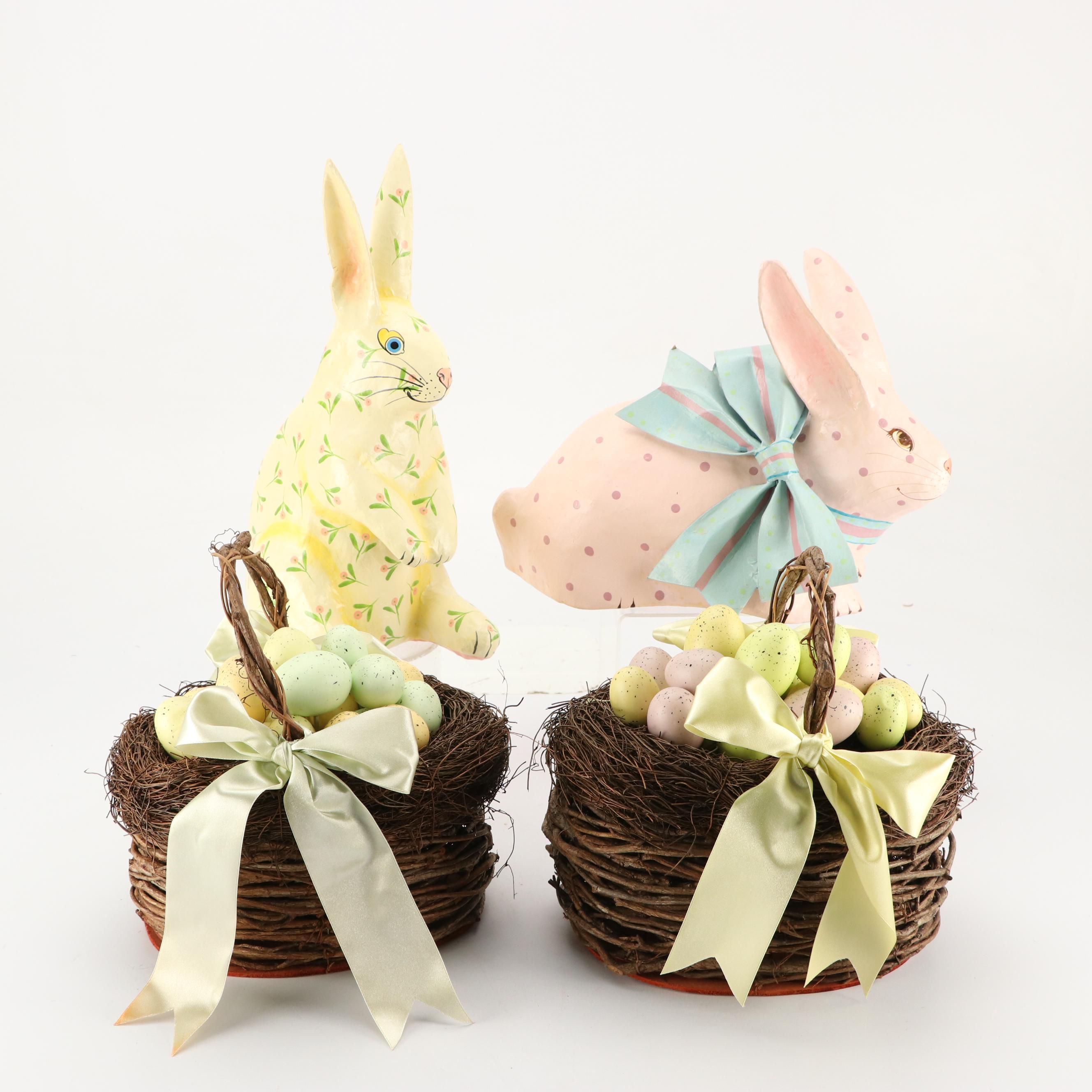 Hand Painted Papier-Mâché Easter Bunny Figurines with Egg Nest Baskets