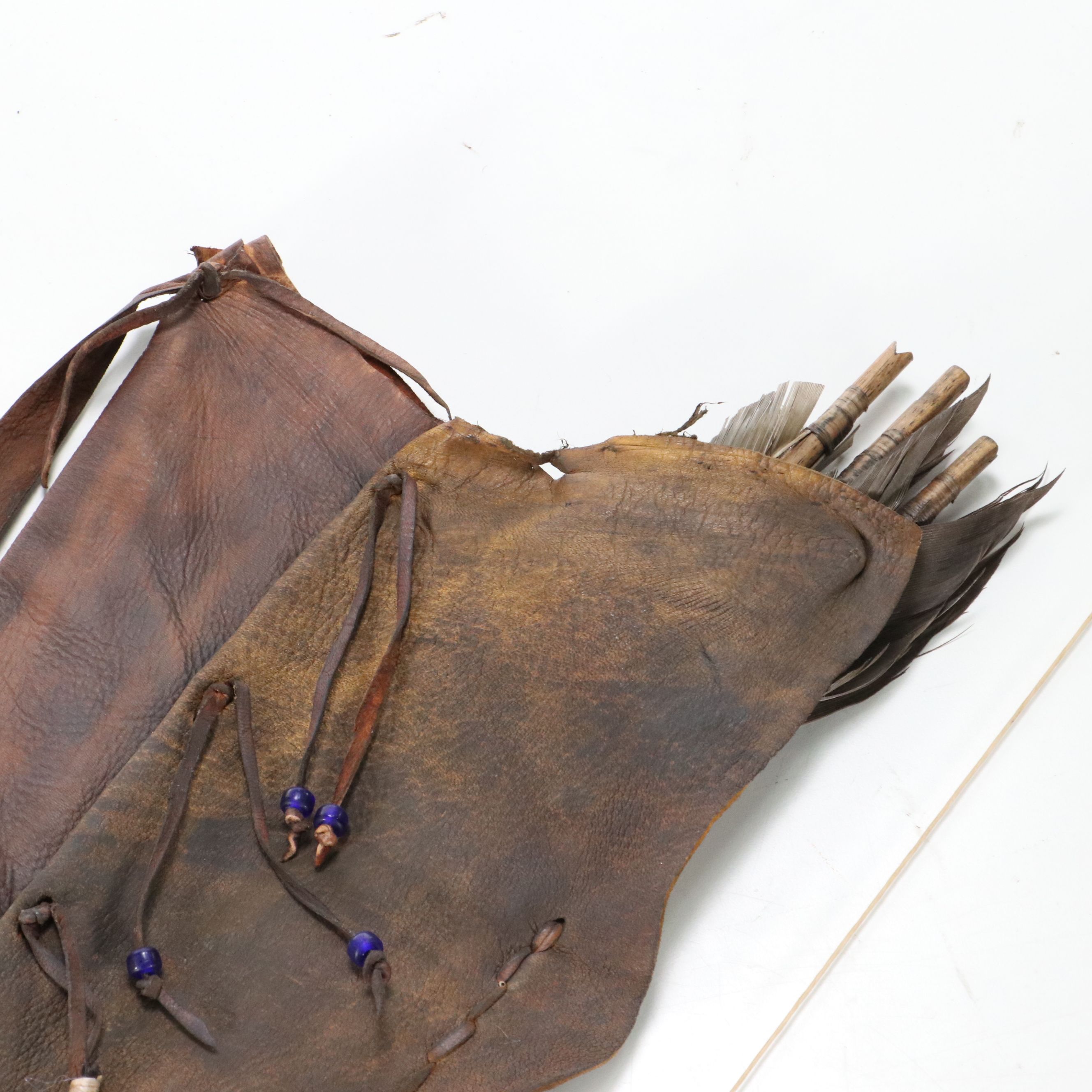 Native American Handmade Leather Quiver with Bow and Hand-Fletched Arrows