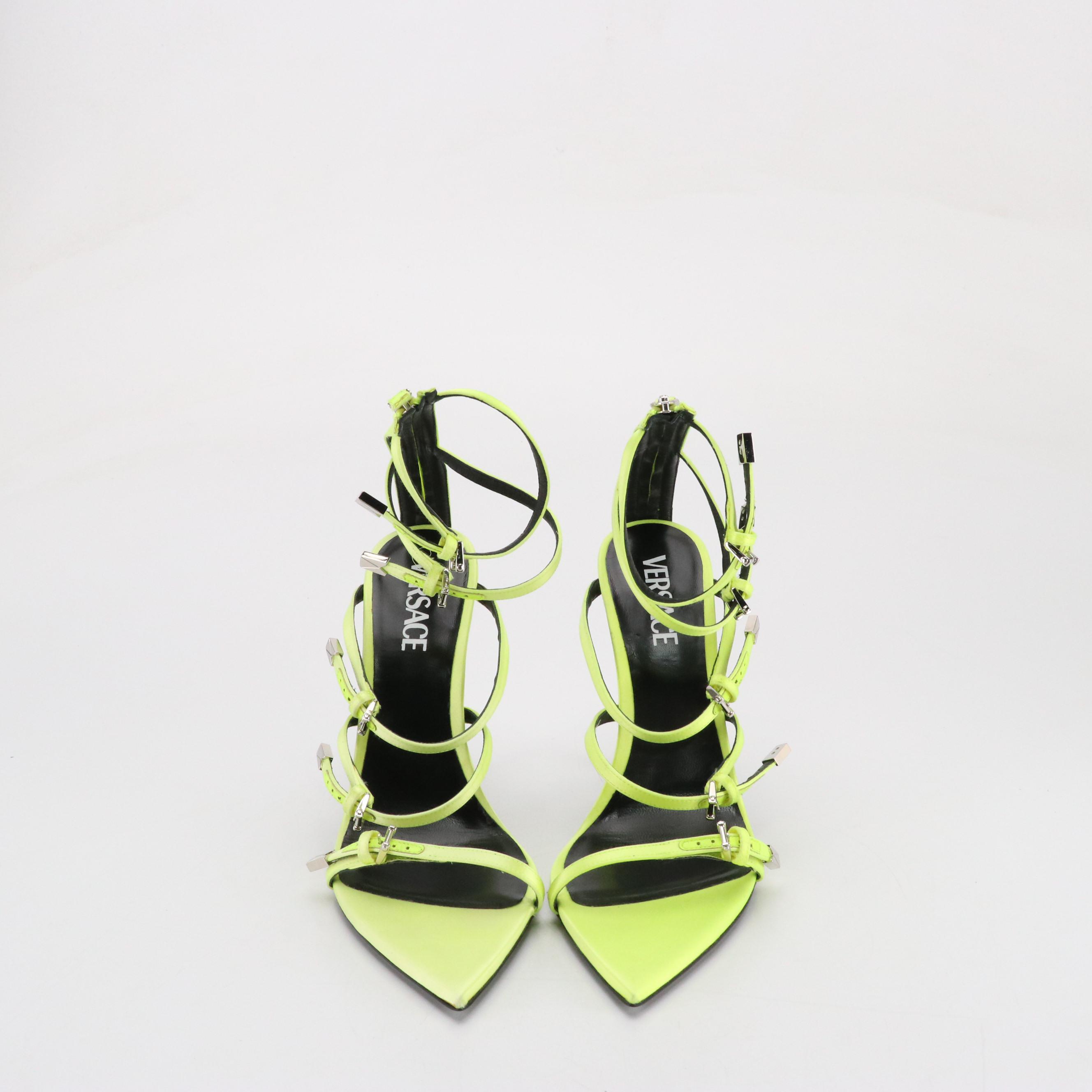 Versace "Pin-Point" High-Heeled Gladiator Sandals in Neon Satin and Leather