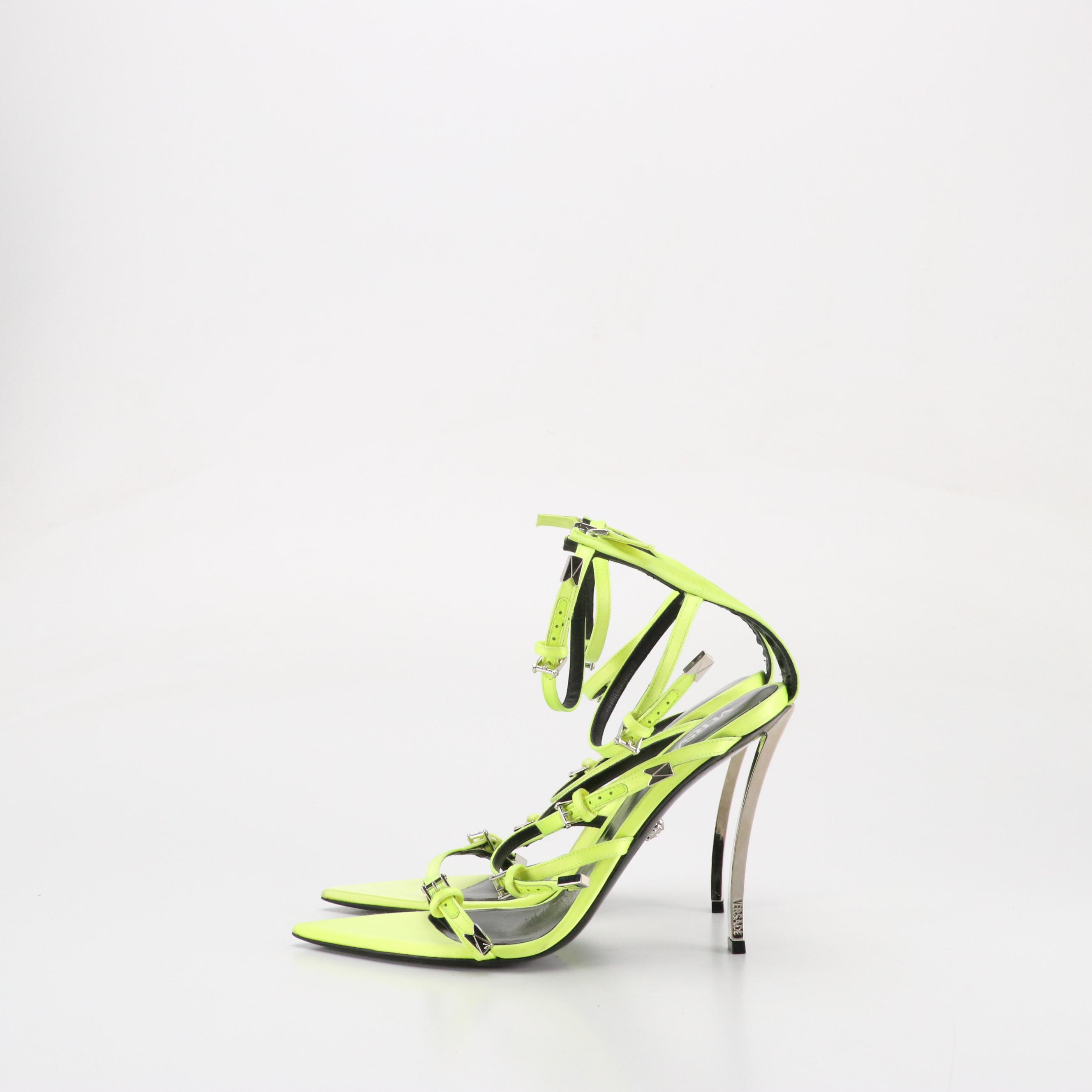 Versace "Pin-Point" High-Heeled Gladiator Sandals in Neon Satin and Leather