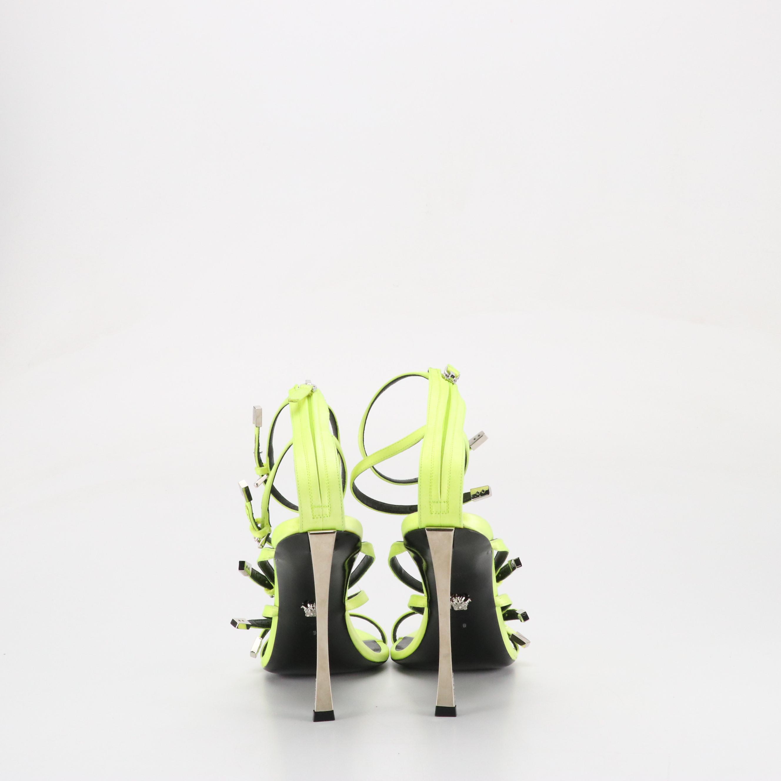 Versace "Pin-Point" High-Heeled Gladiator Sandals in Neon Satin and Leather