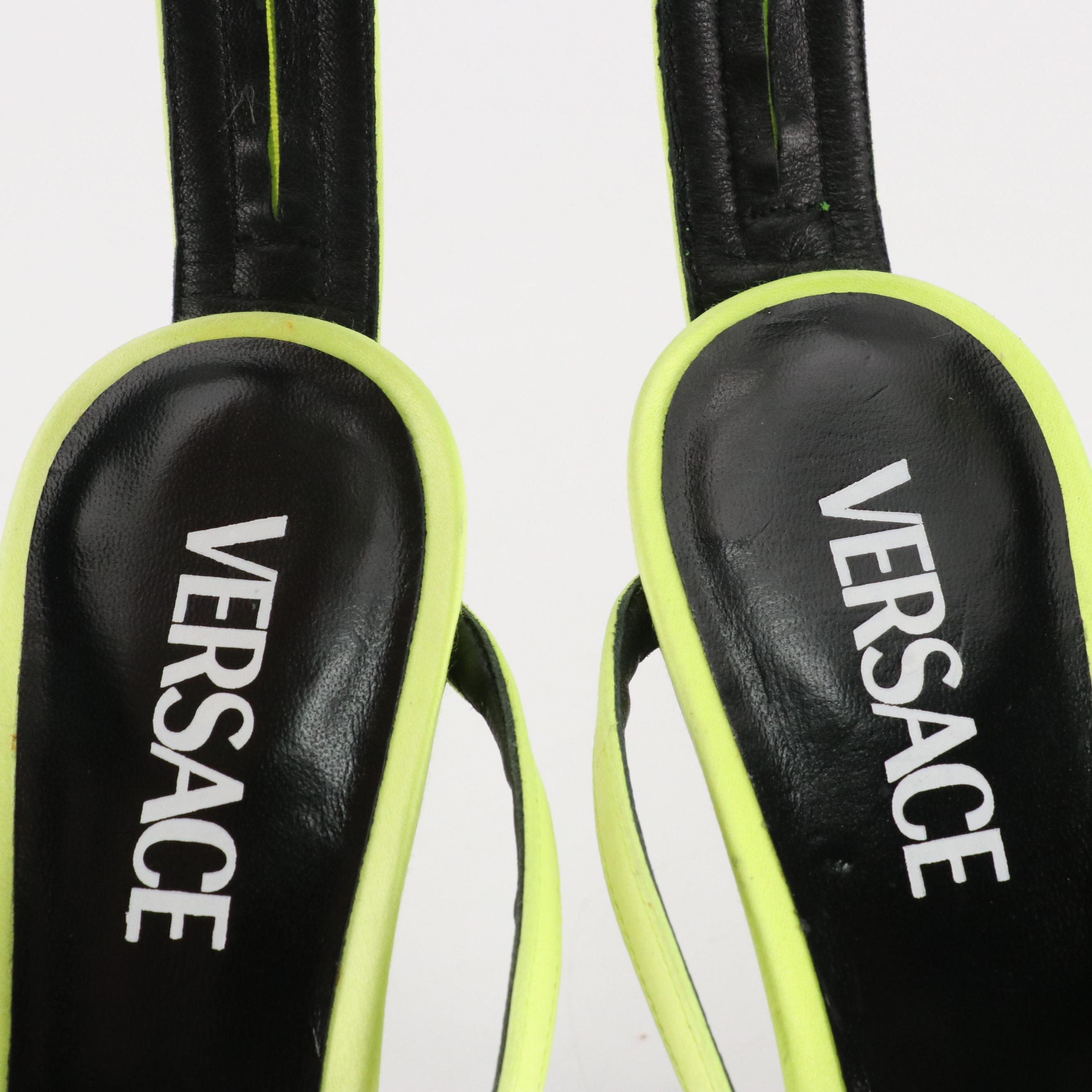 Versace "Pin-Point" High-Heeled Gladiator Sandals in Neon Satin and Leather