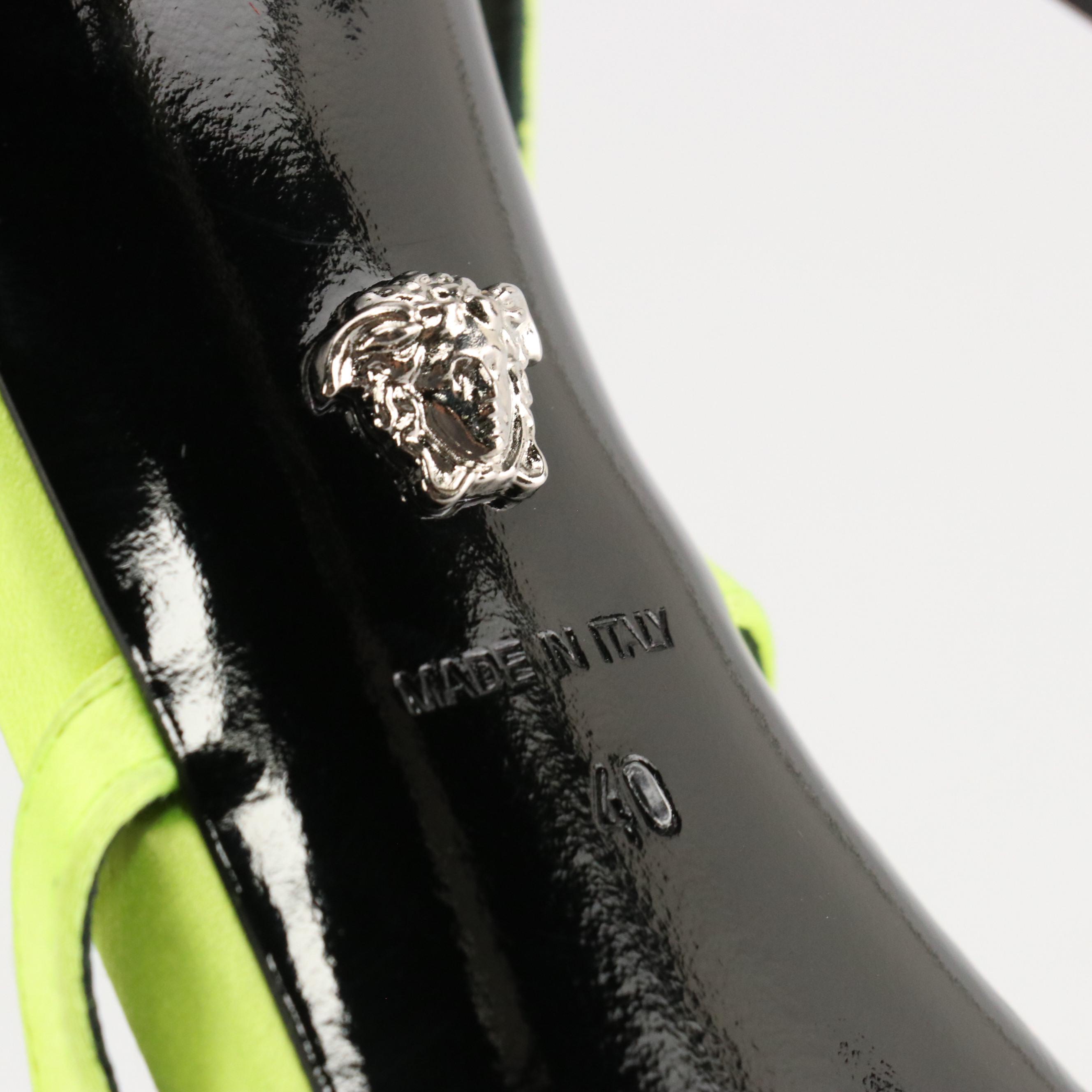 Versace "Pin-Point" High-Heeled Gladiator Sandals in Neon Satin and Leather