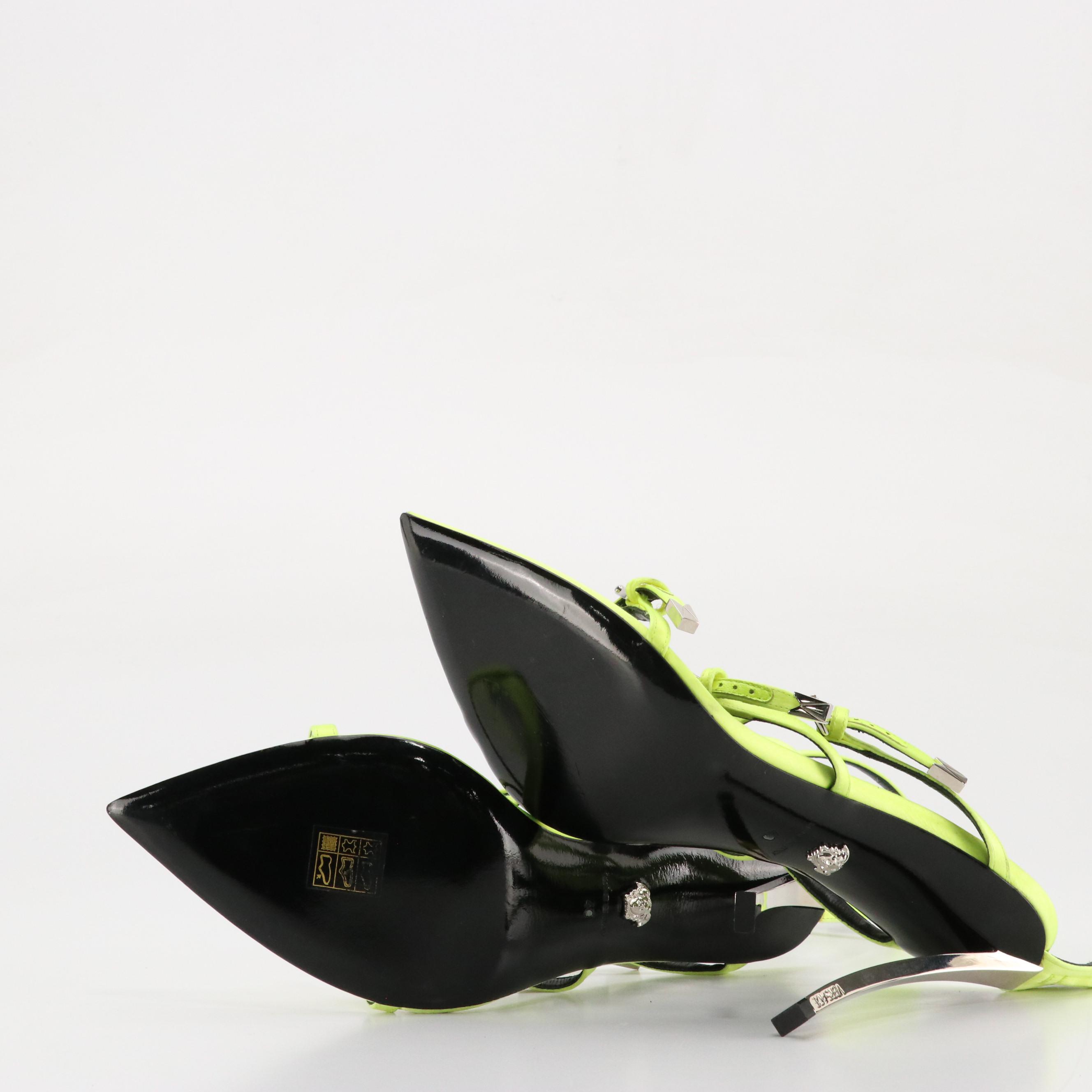 Versace "Pin-Point" High-Heeled Gladiator Sandals in Neon Satin and Leather