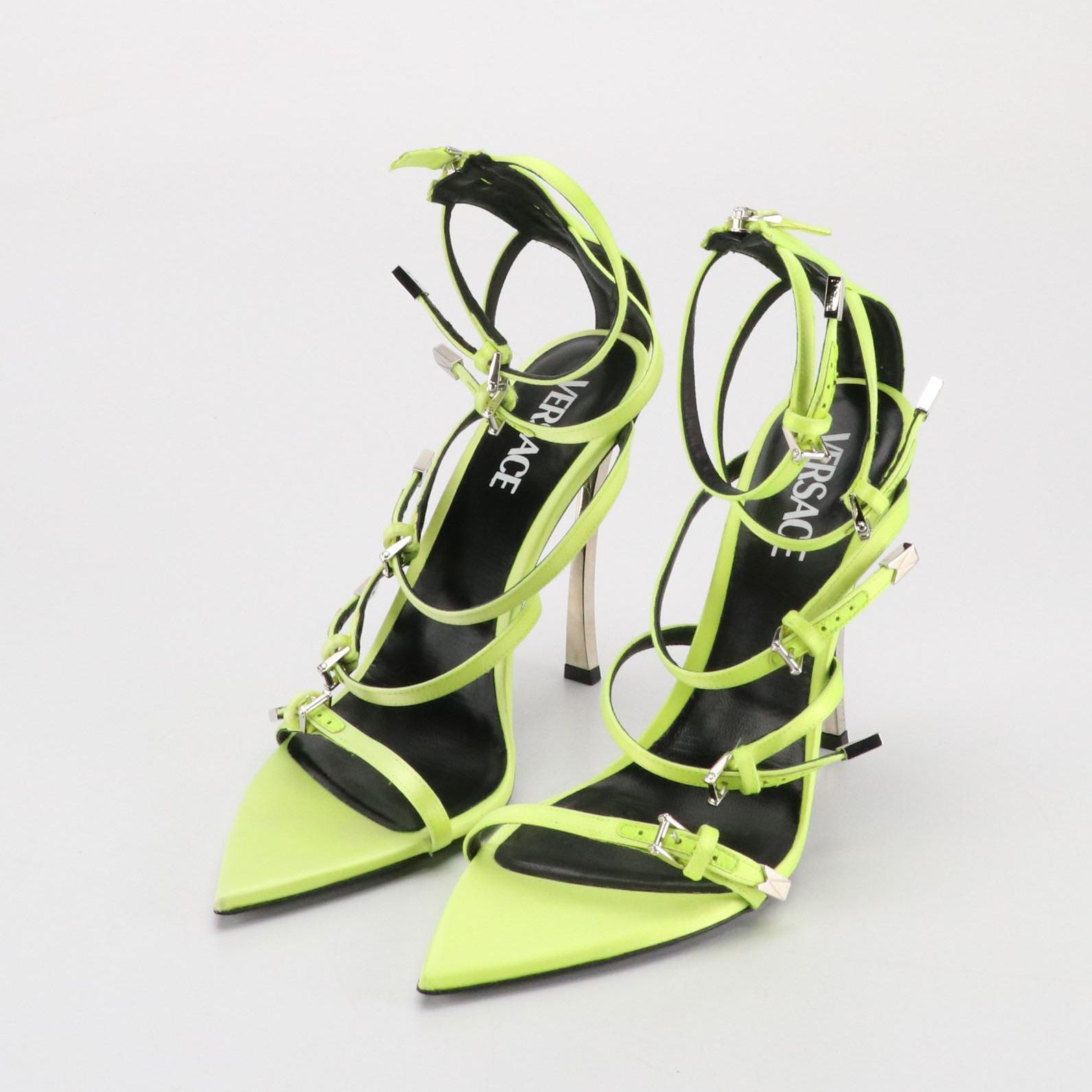 Versace "Pin-Point" High-Heeled Gladiator Sandals in Neon Satin and Leather
