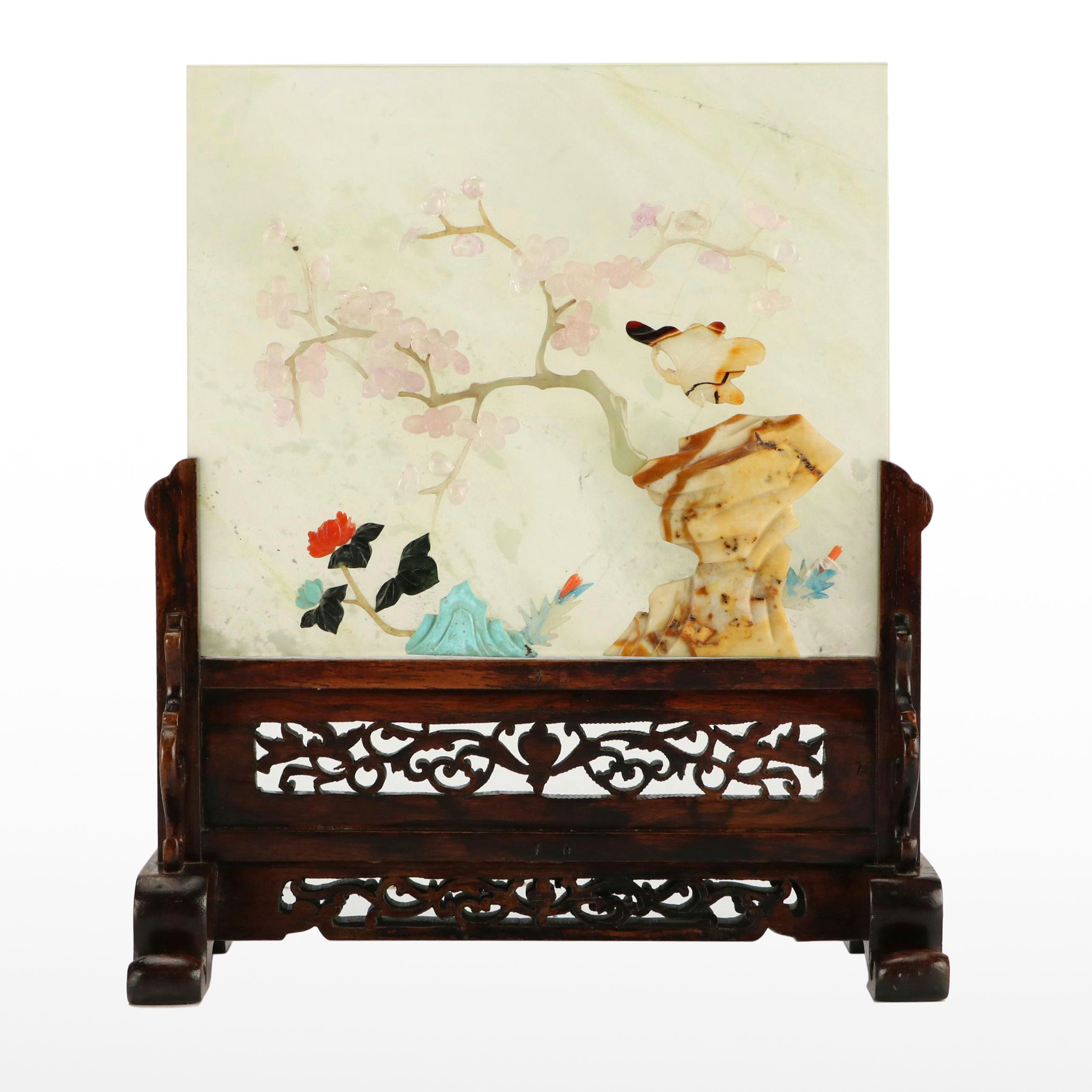 Chinese Serpentine, Agate and Coral Foliate Table Screen, 20th C.