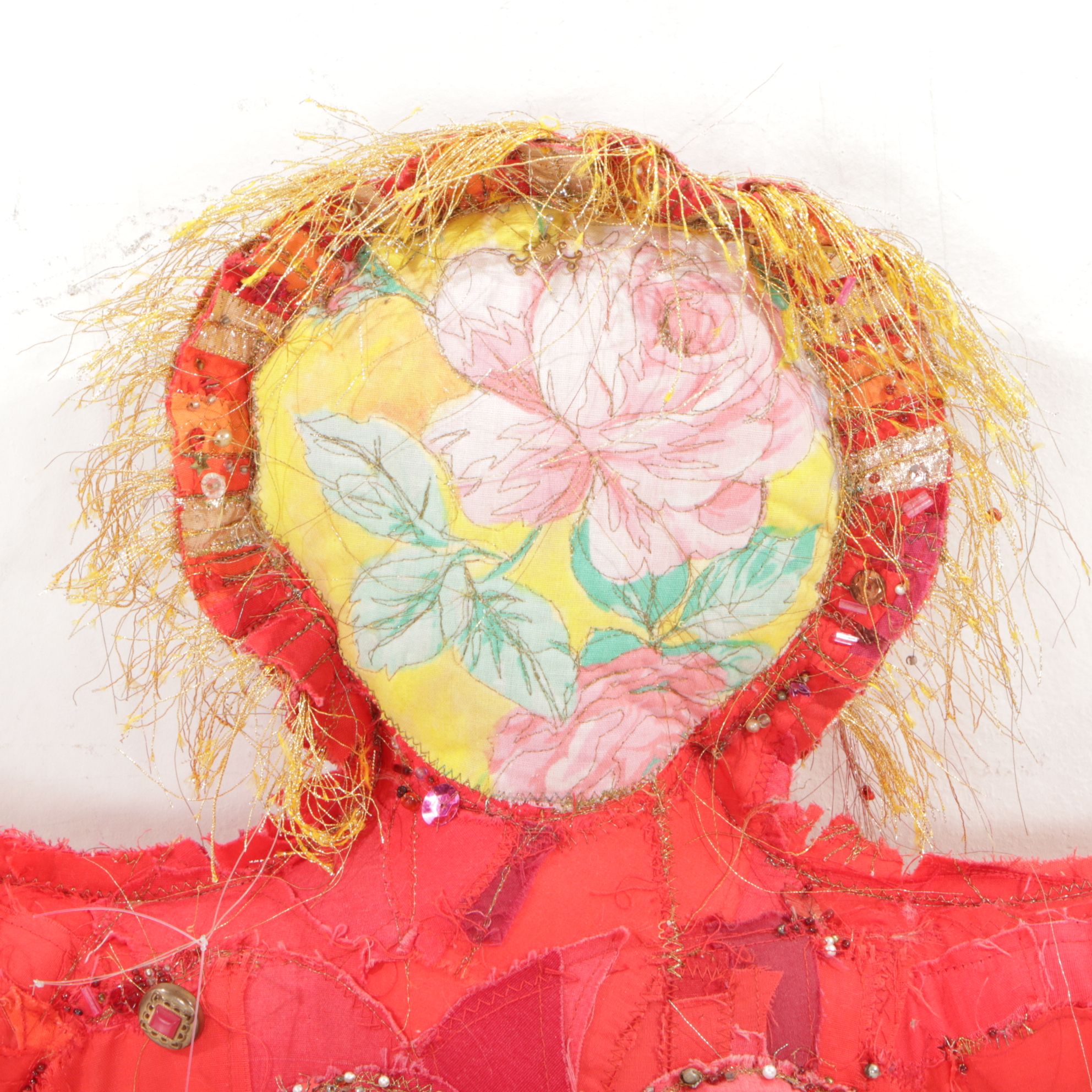 Hand-Crafted Folk Art Fabric Doll With Beading and Embellishments