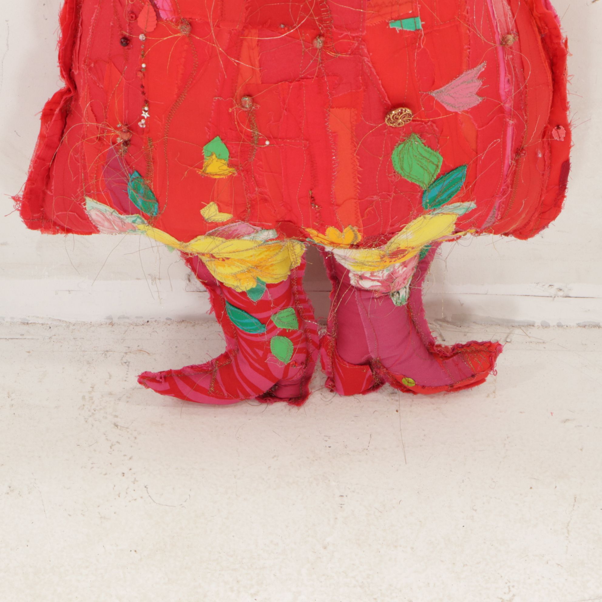 Hand-Crafted Folk Art Fabric Doll With Beading and Embellishments