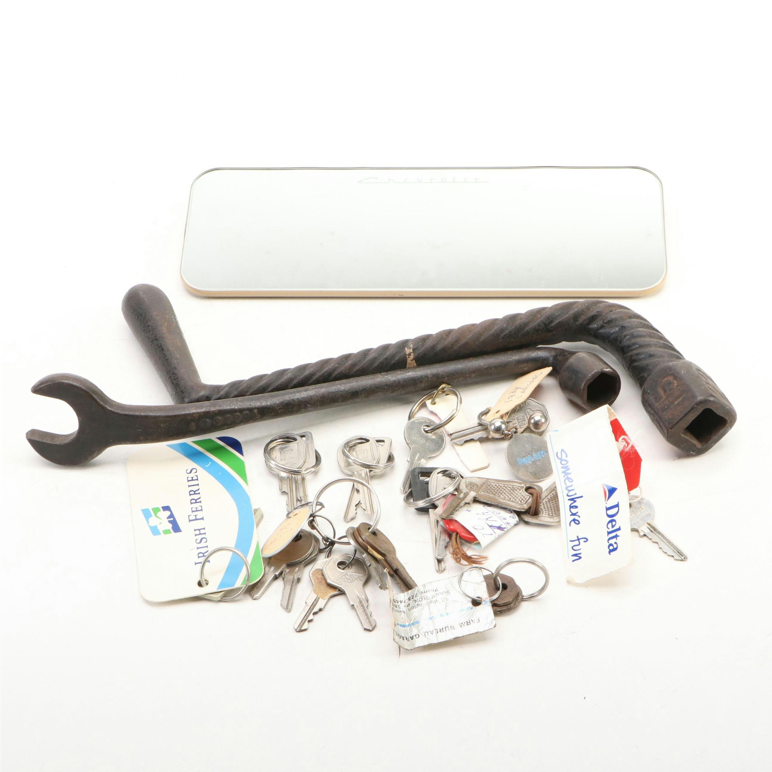 Car and Trunk Keys, Chevrolet Rearview Mirror, Curved Socket Crescent Wrench