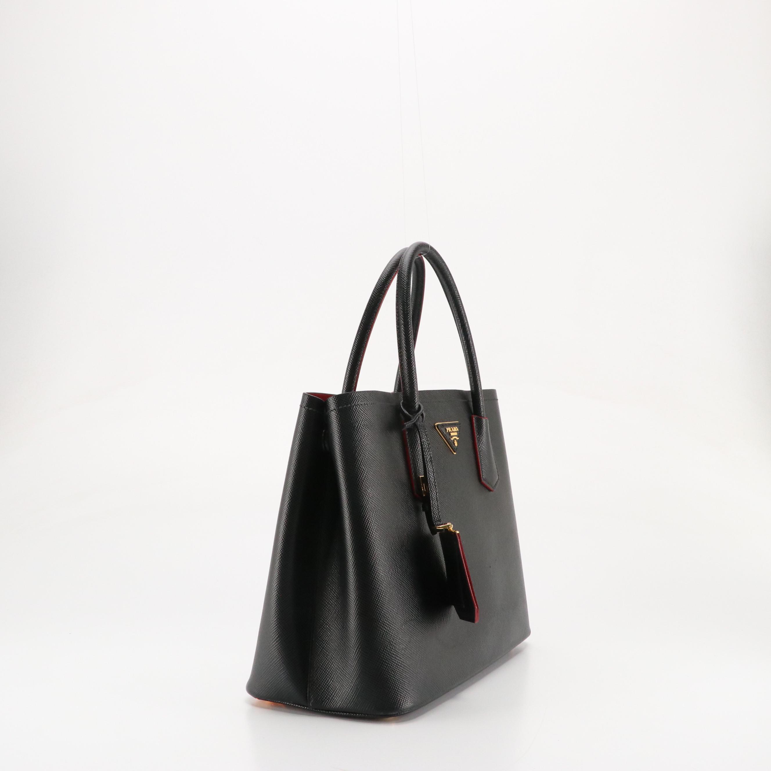 Prada Medium Double Bag in Black Saffiano and Fiery Red Nappa Leather