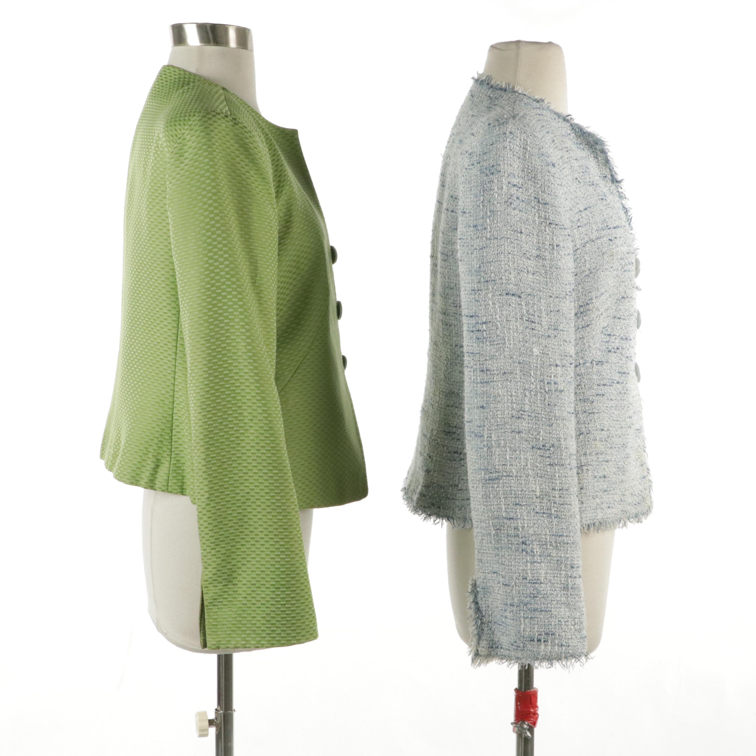 Armani Collezioni Blazers in Blue Cotton Tweed and Green Silk Jacquard Blend