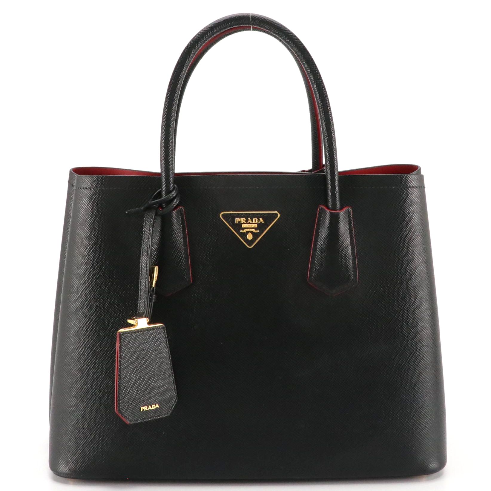 Prada Medium Double Bag in Black Saffiano and Fiery Red Nappa Leather