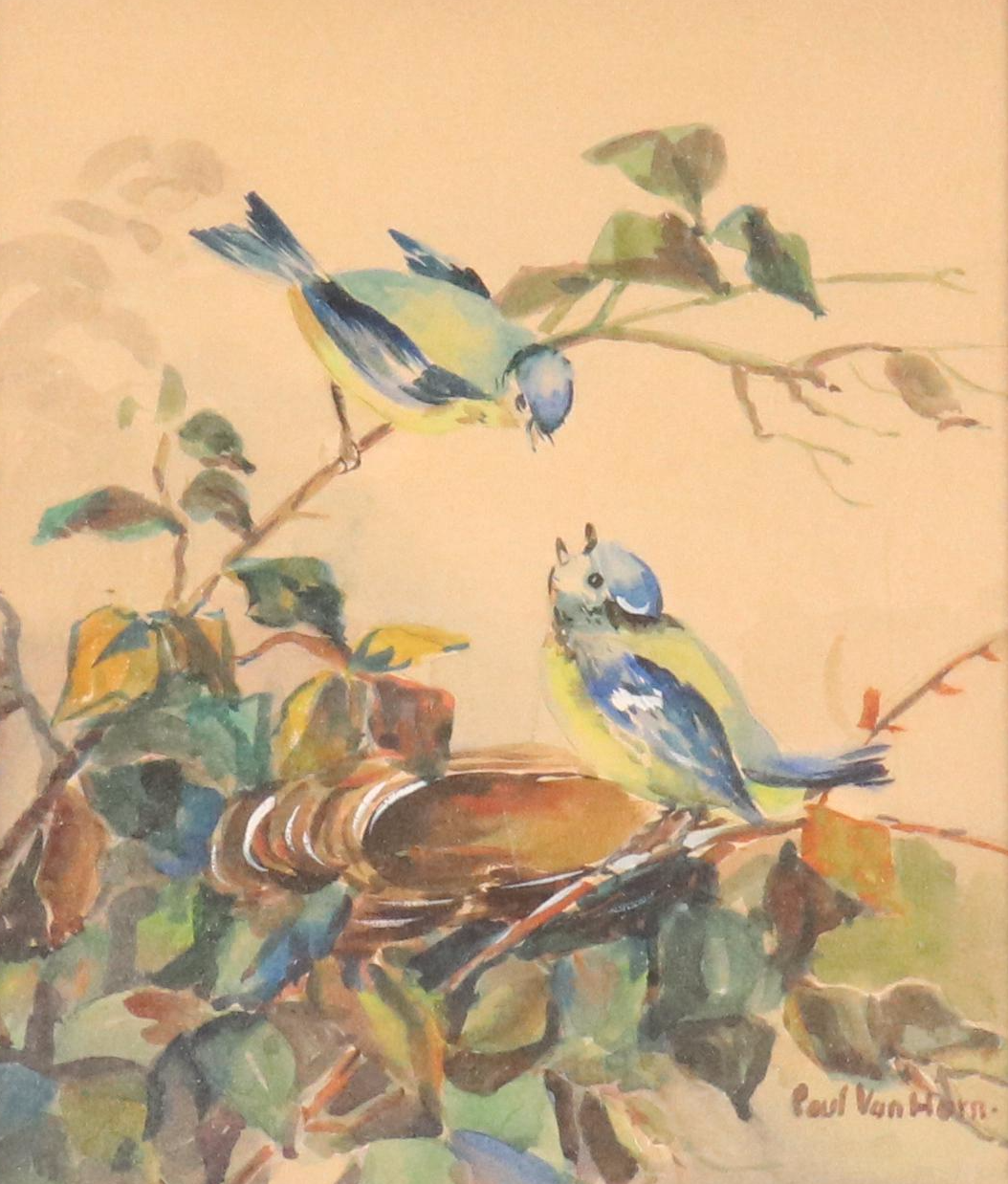 Paul Van Horn Watercolor Painting of Birds Nest in Tree "Blue Bird"