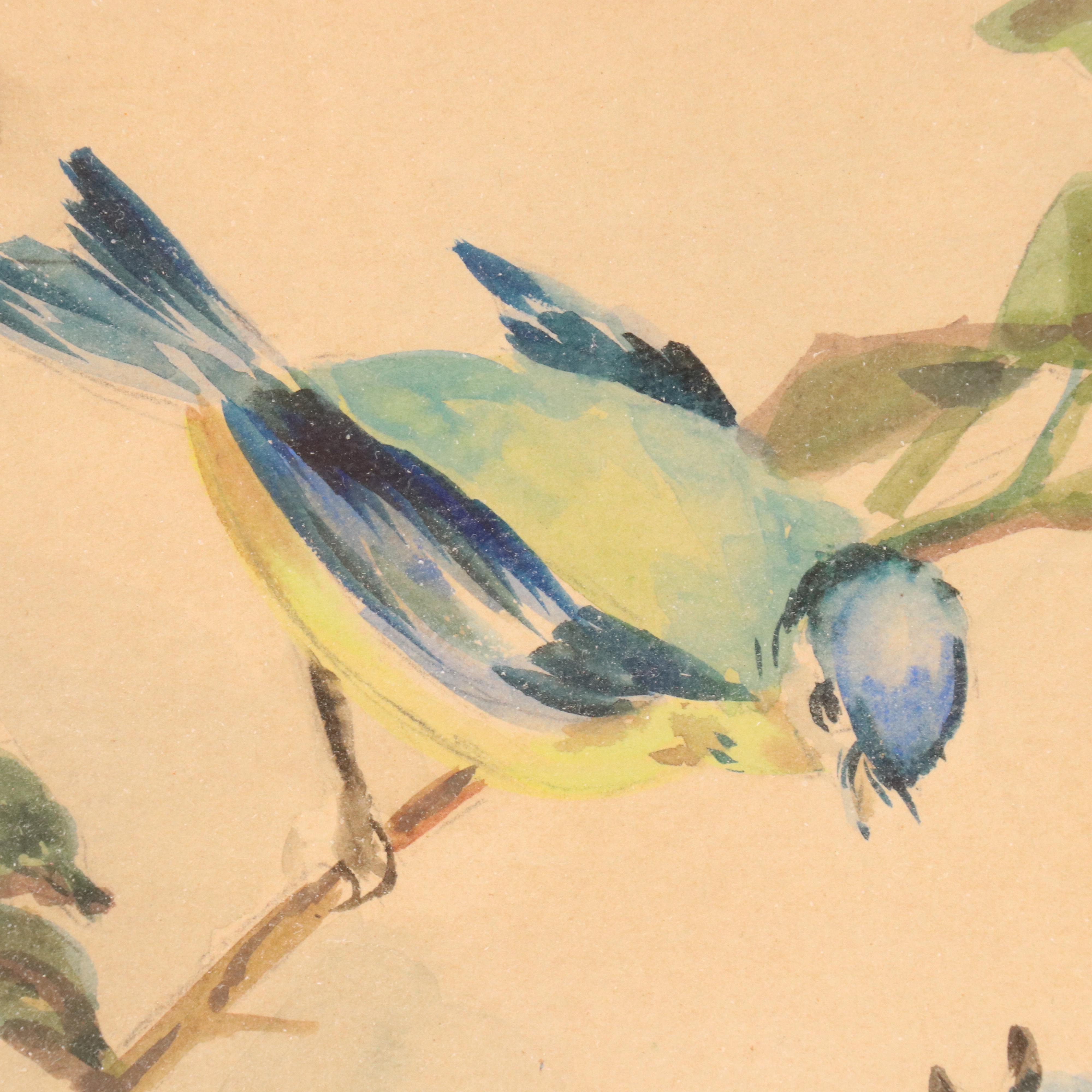 Paul Van Horn Watercolor Painting of Birds Nest in Tree "Blue Bird"