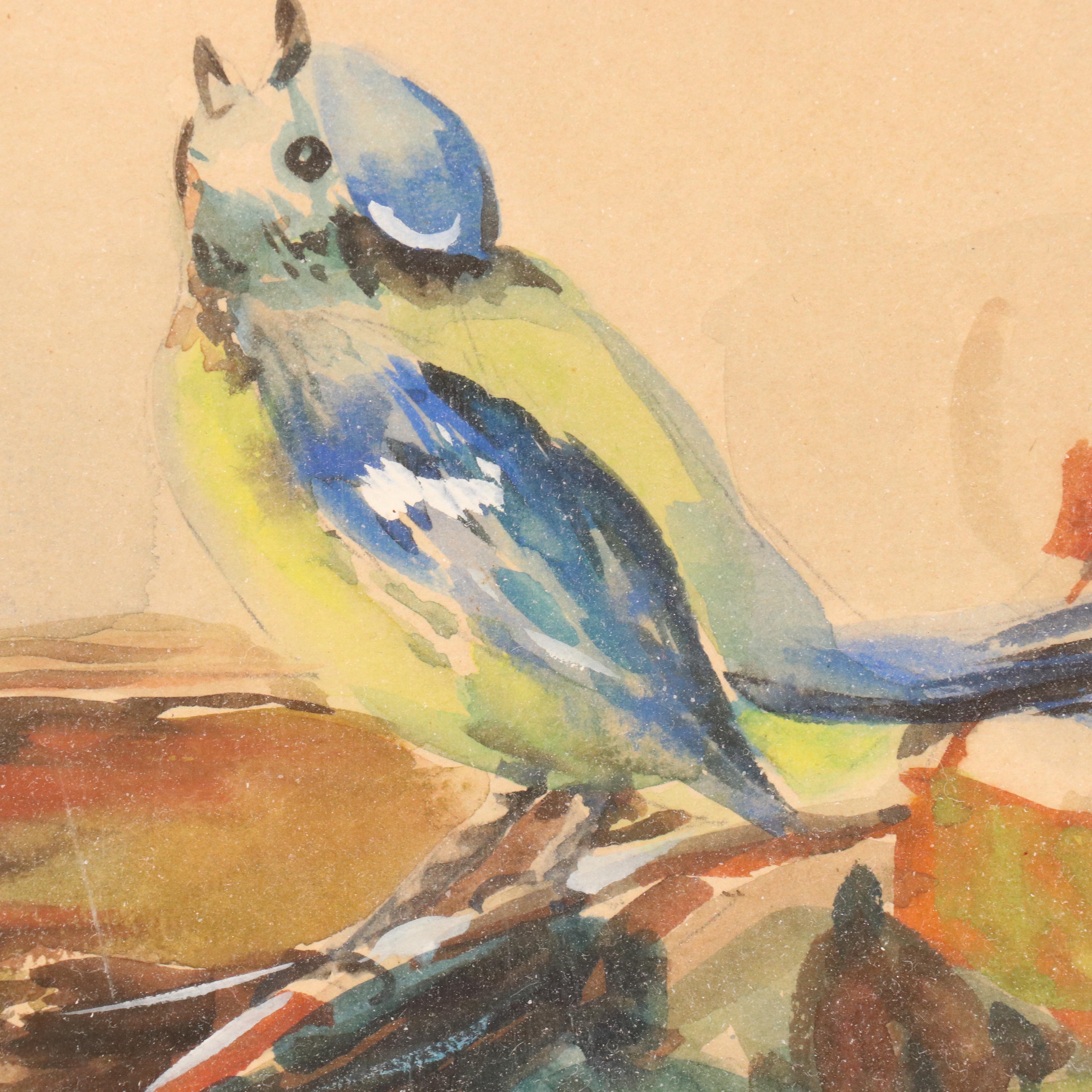 Paul Van Horn Watercolor Painting of Birds Nest in Tree "Blue Bird"