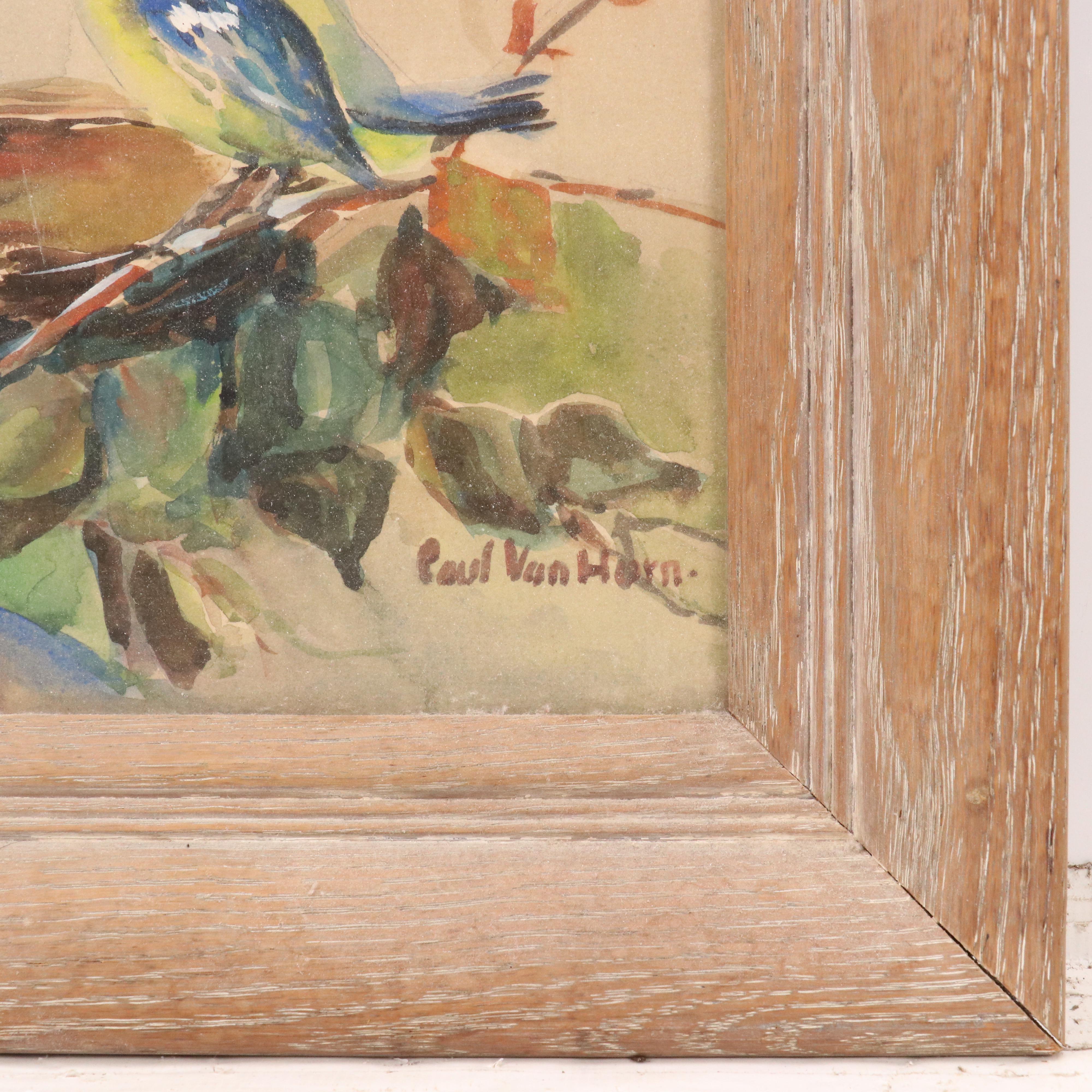 Paul Van Horn Watercolor Painting of Birds Nest in Tree "Blue Bird"