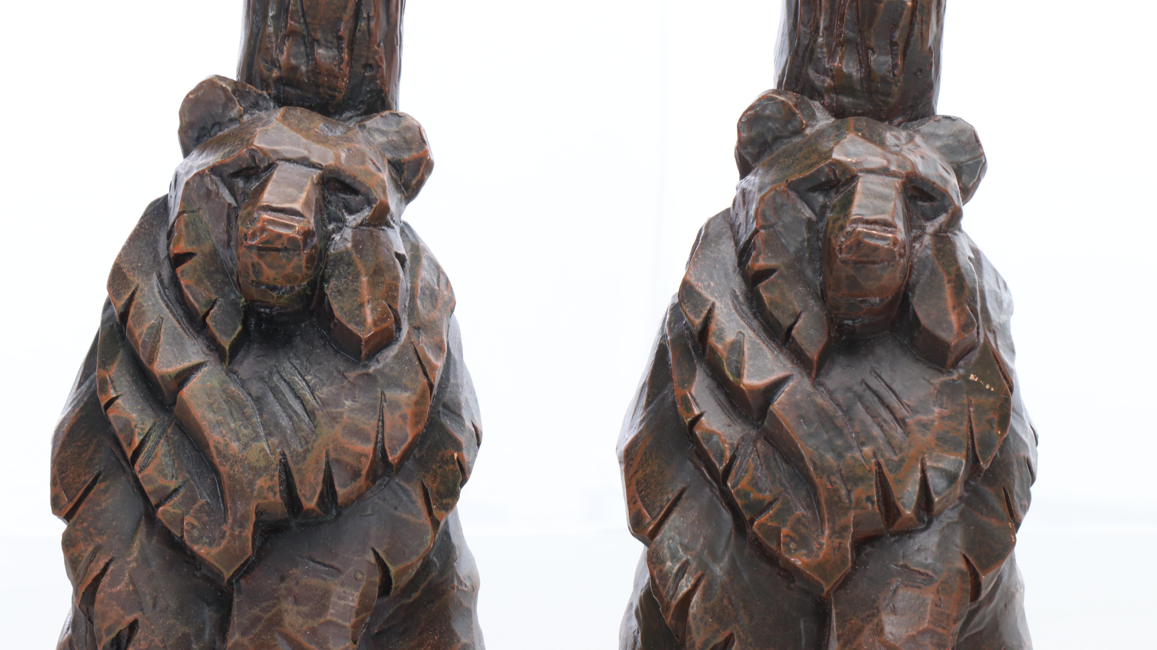 Faux Bois Rustic Bear Figure Table Lamps with Crackle Finish Vinyl Shades