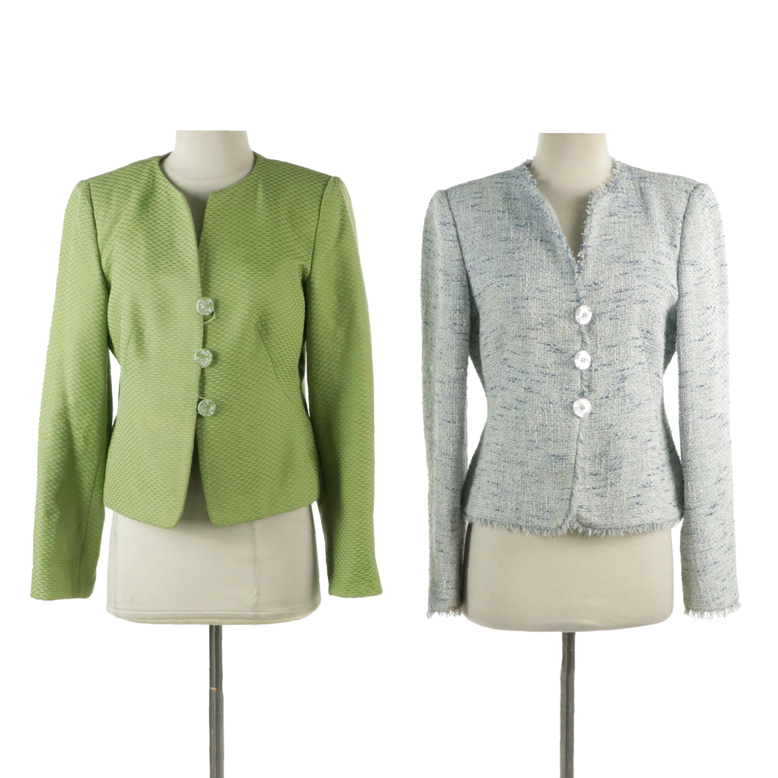 Armani Collezioni Blazers in Blue Cotton Tweed and Green Silk Jacquard Blend