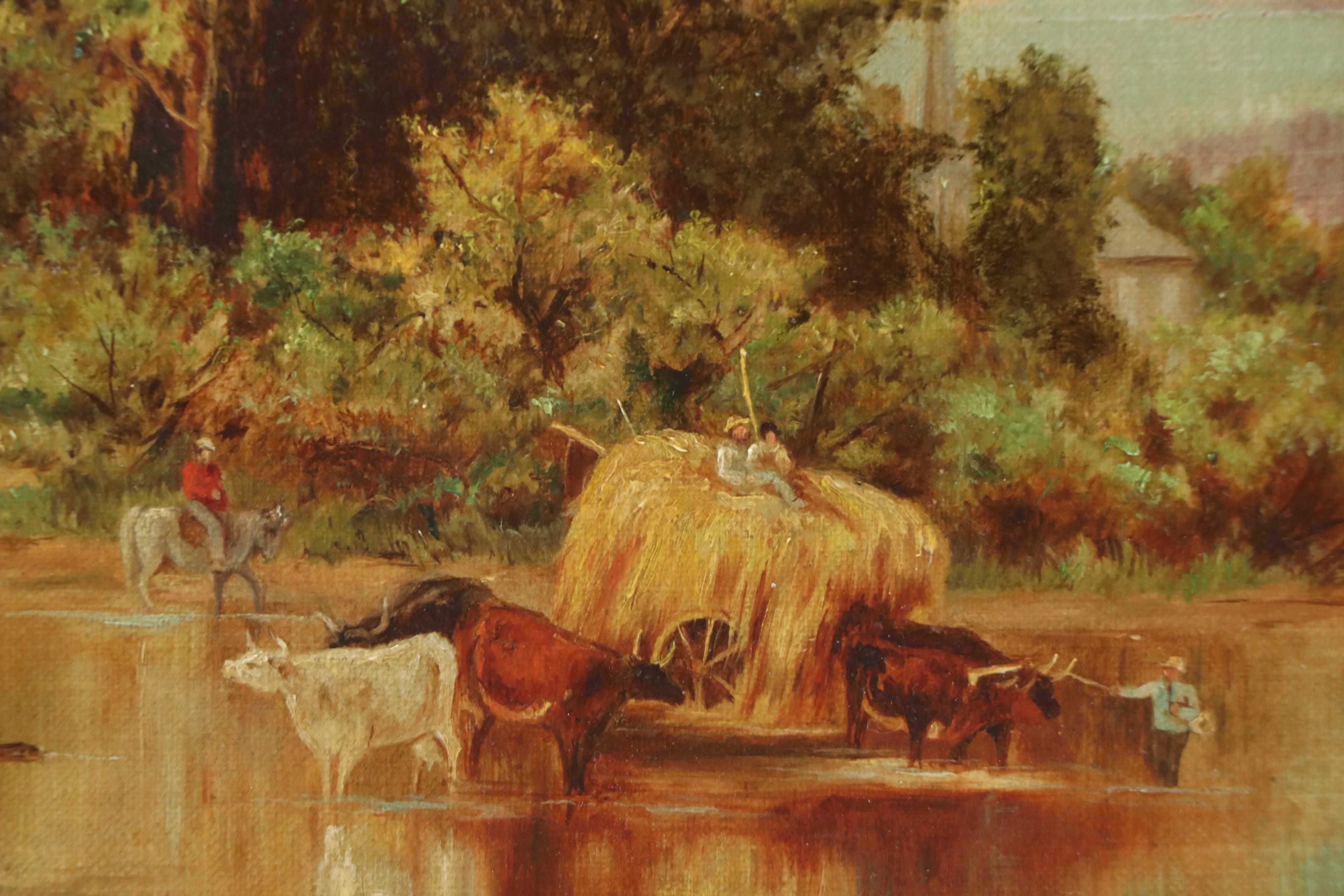 Scenic Oil Painting with Cattle Watering, 19th Century